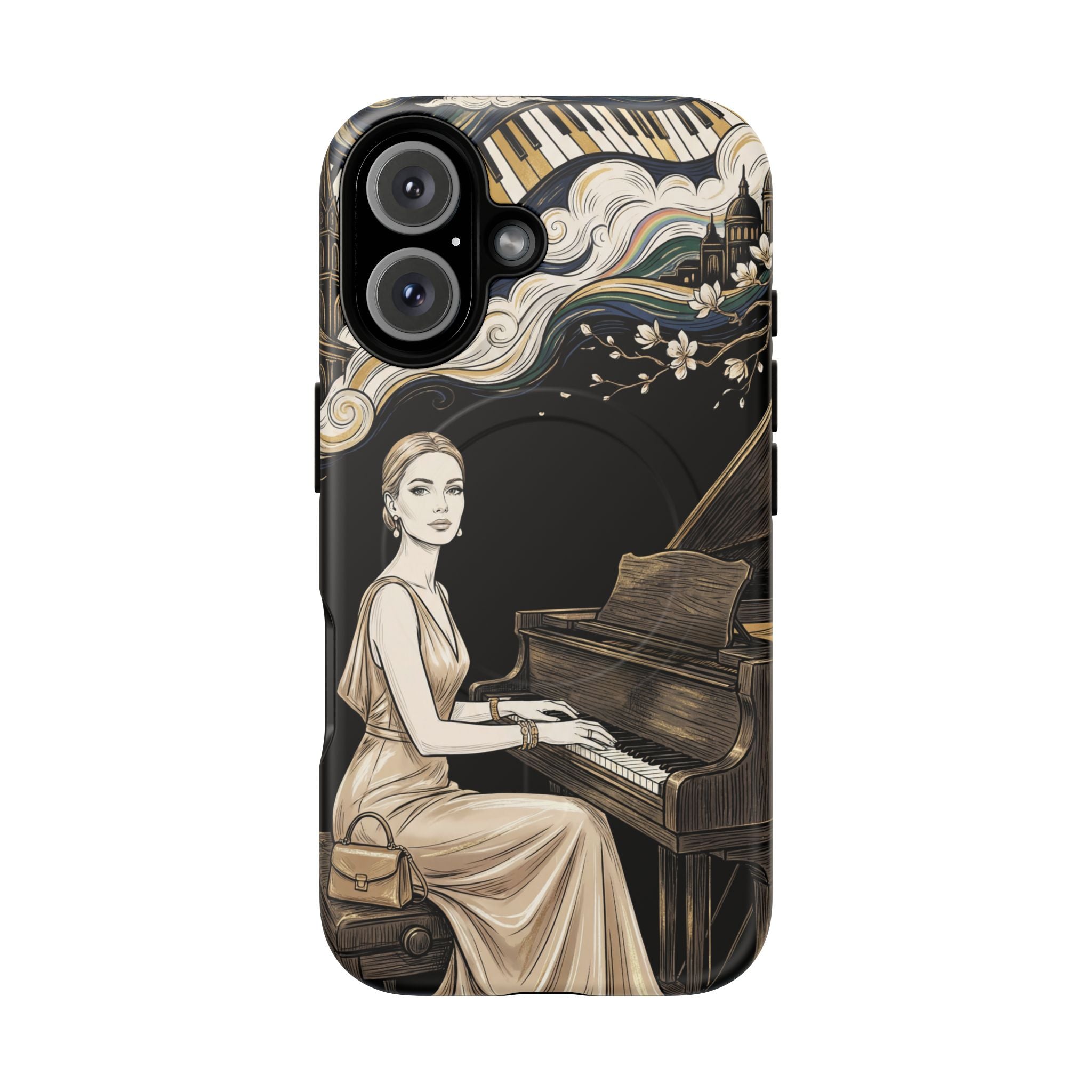 Elegant Piano Woman MagSafe iPhone Case | Vintage Art Deco Music Design