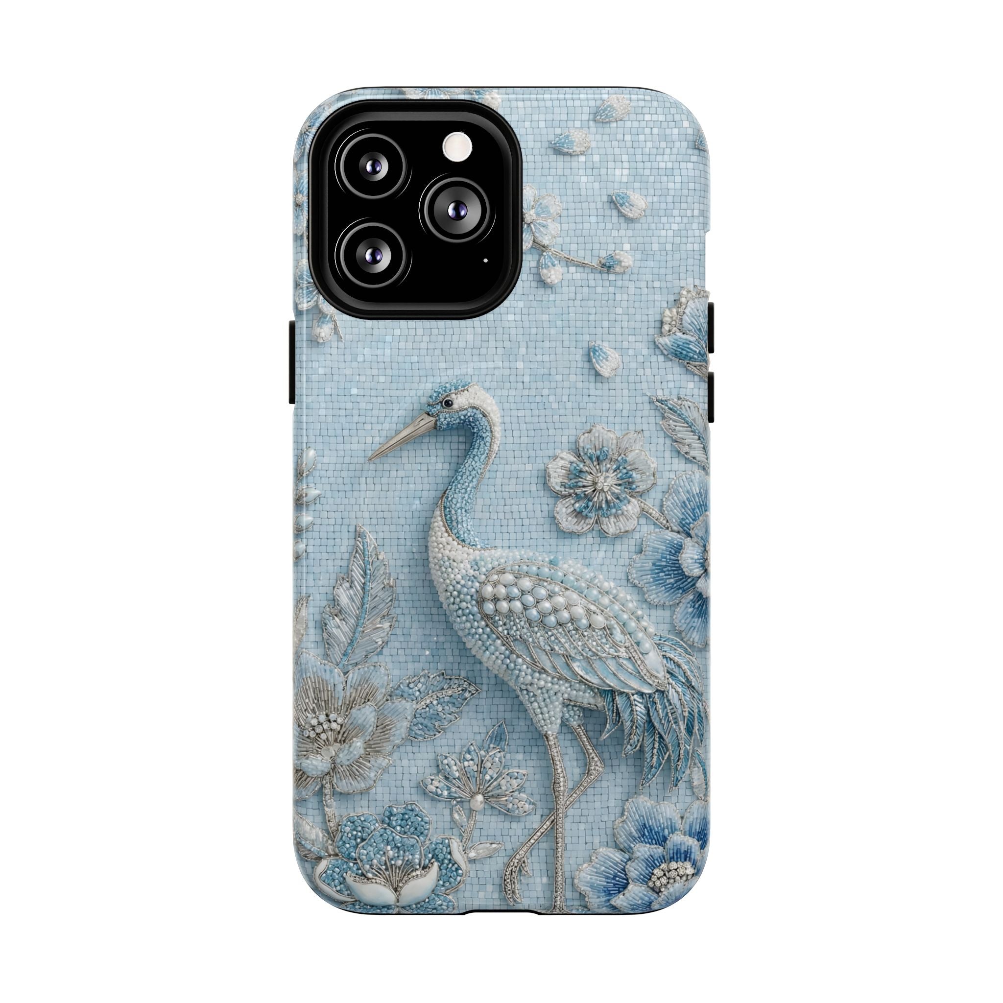 Blue Crane Floral MagSafe iPhone Case | Vintage Embossed Bird Design