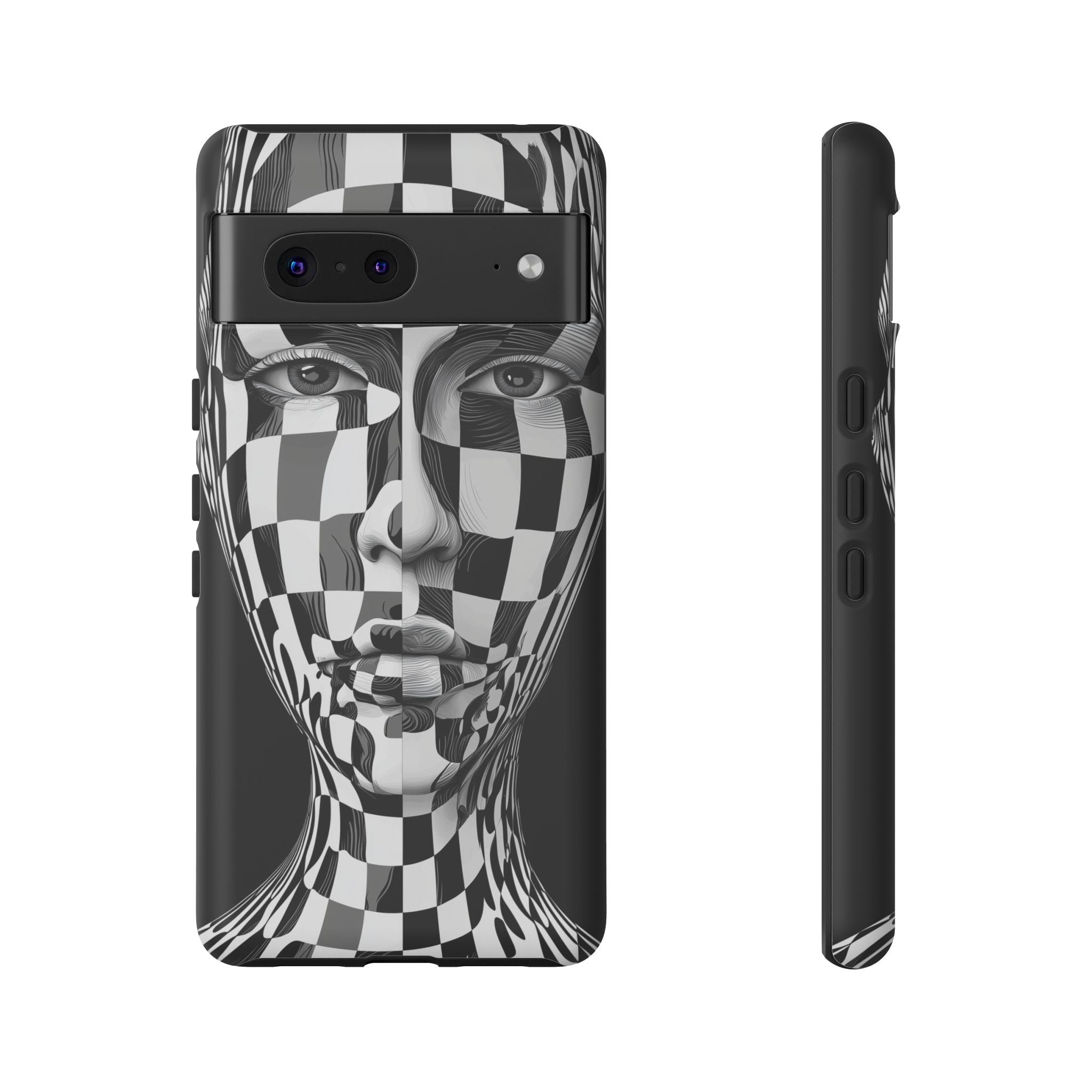 Checkerboard Face Tough Google Pixel Case — Black & White Surreal Art Protective Cover