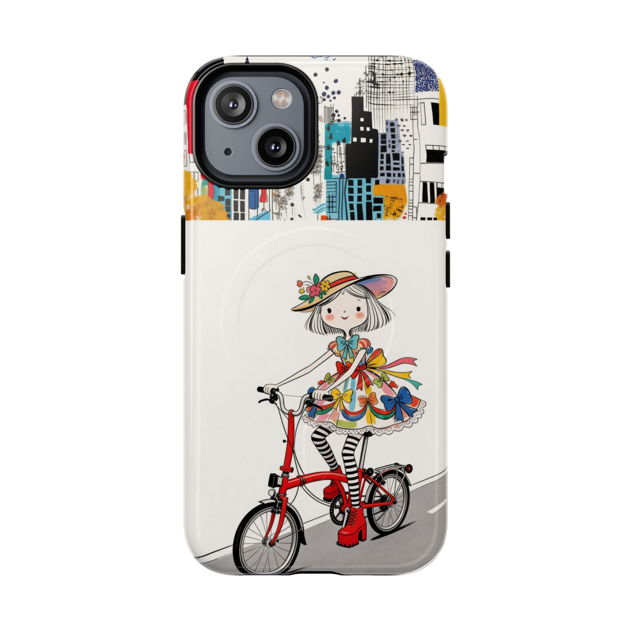 Whimsical Girl on Brompton Bicycle Urban Illustration MagSafe iPhone Case