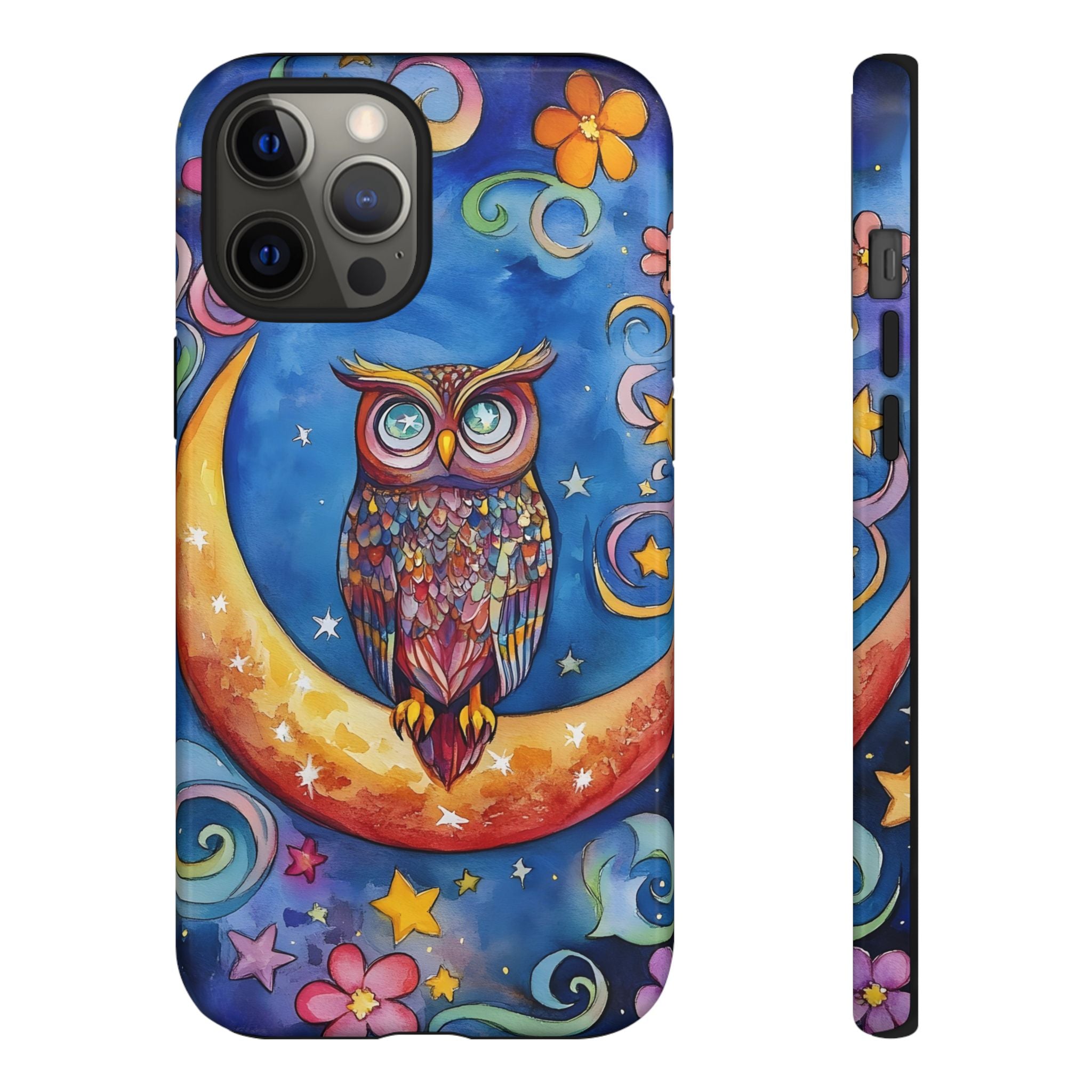 Owl on Crescent Moon iPhone Case — Colourful Whimsical Night Sky Design