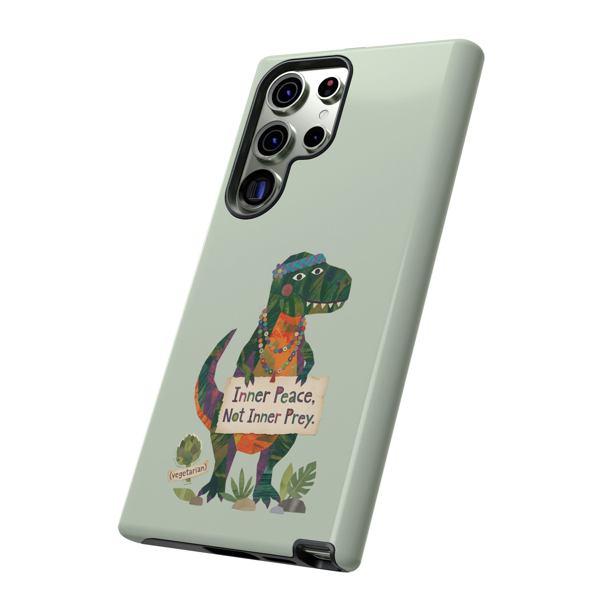Funny T Rex Tough Samsung Galaxy Phone Case | Sage Green Inner Peace Dinosaur Cover