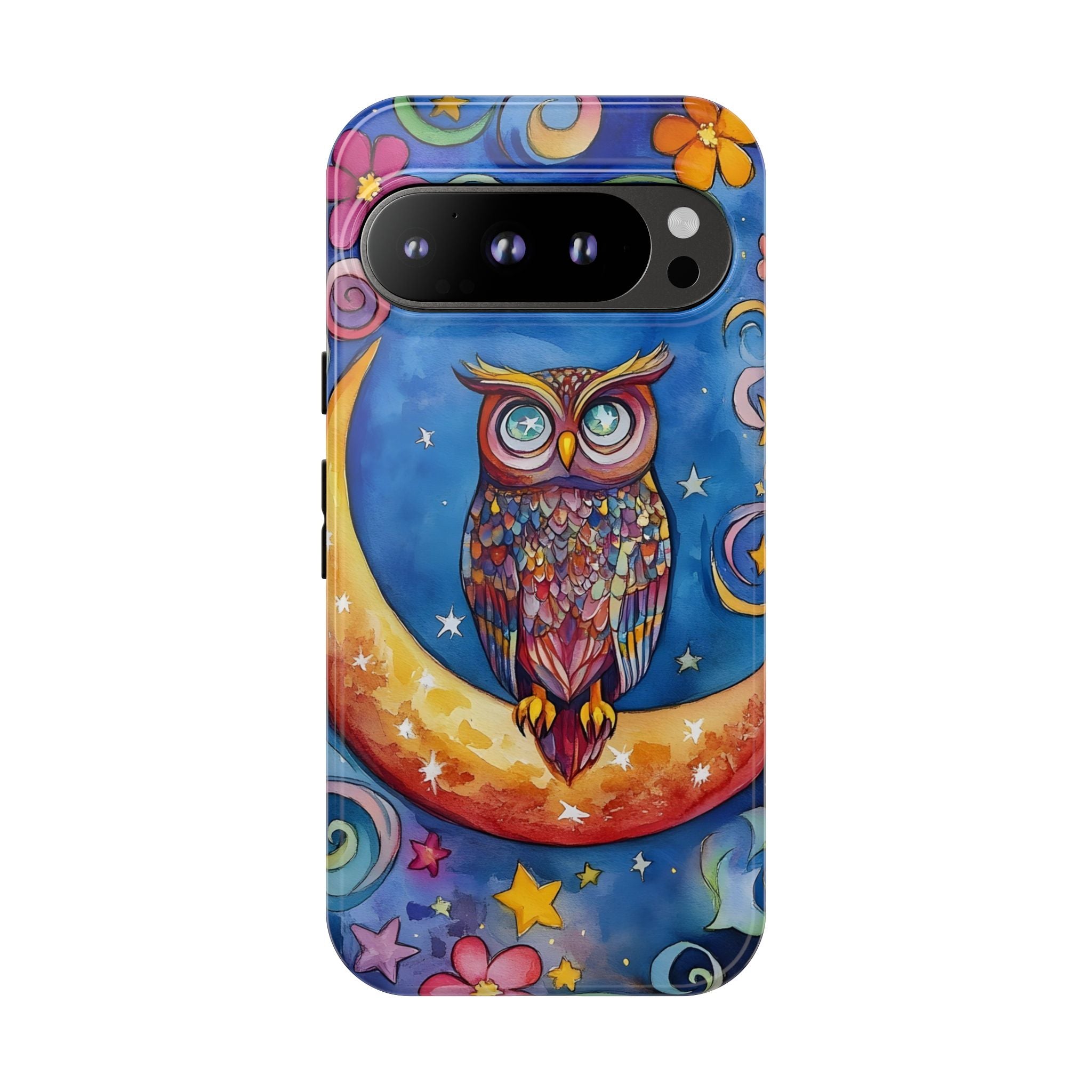 Owl on Crescent Moon Google Pixel Case — Colourful Whimsical Night Sky Design