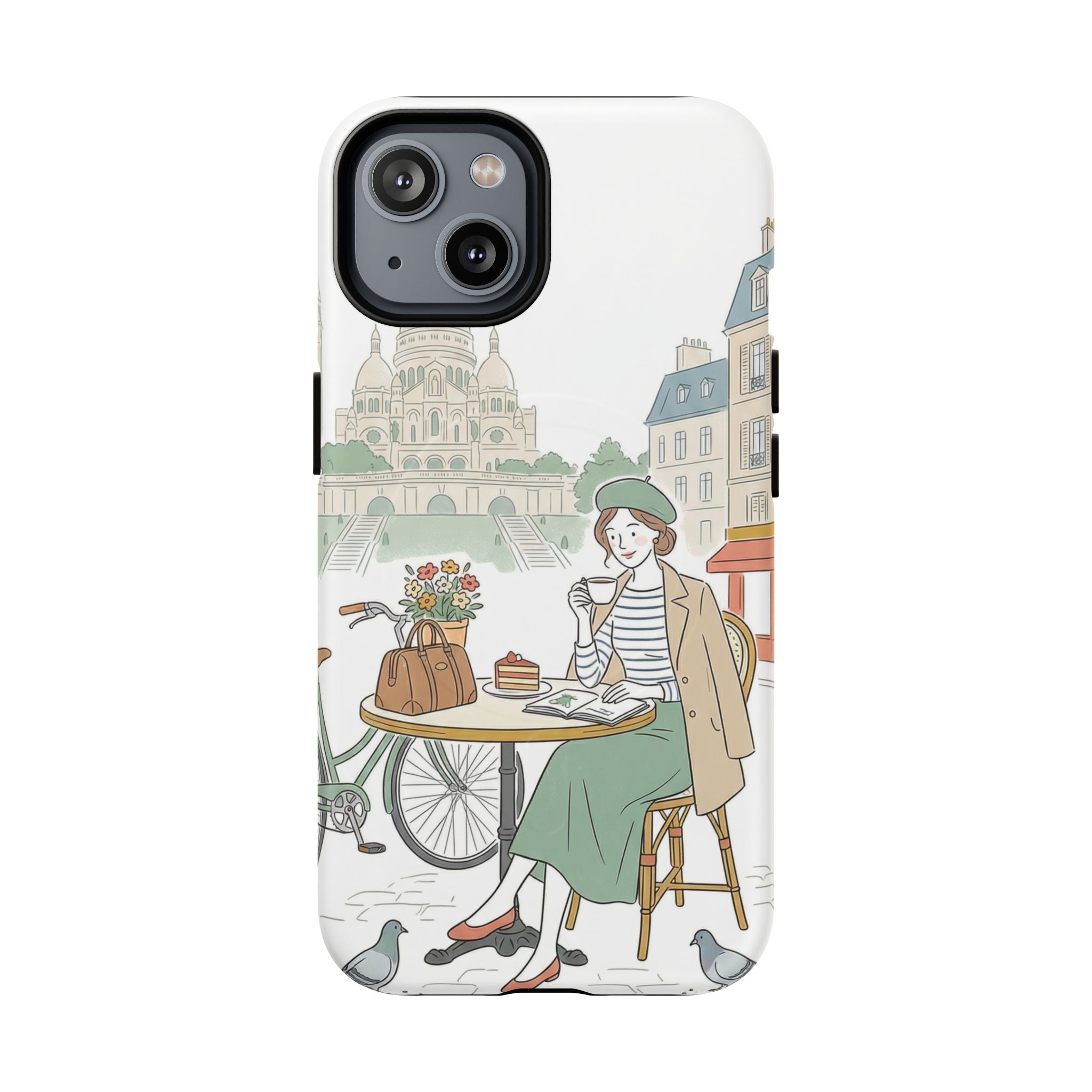 Paris Cafe Illustration MagSafe iPhone Case | Vintage Bicycles & Pigeons Protective Cover