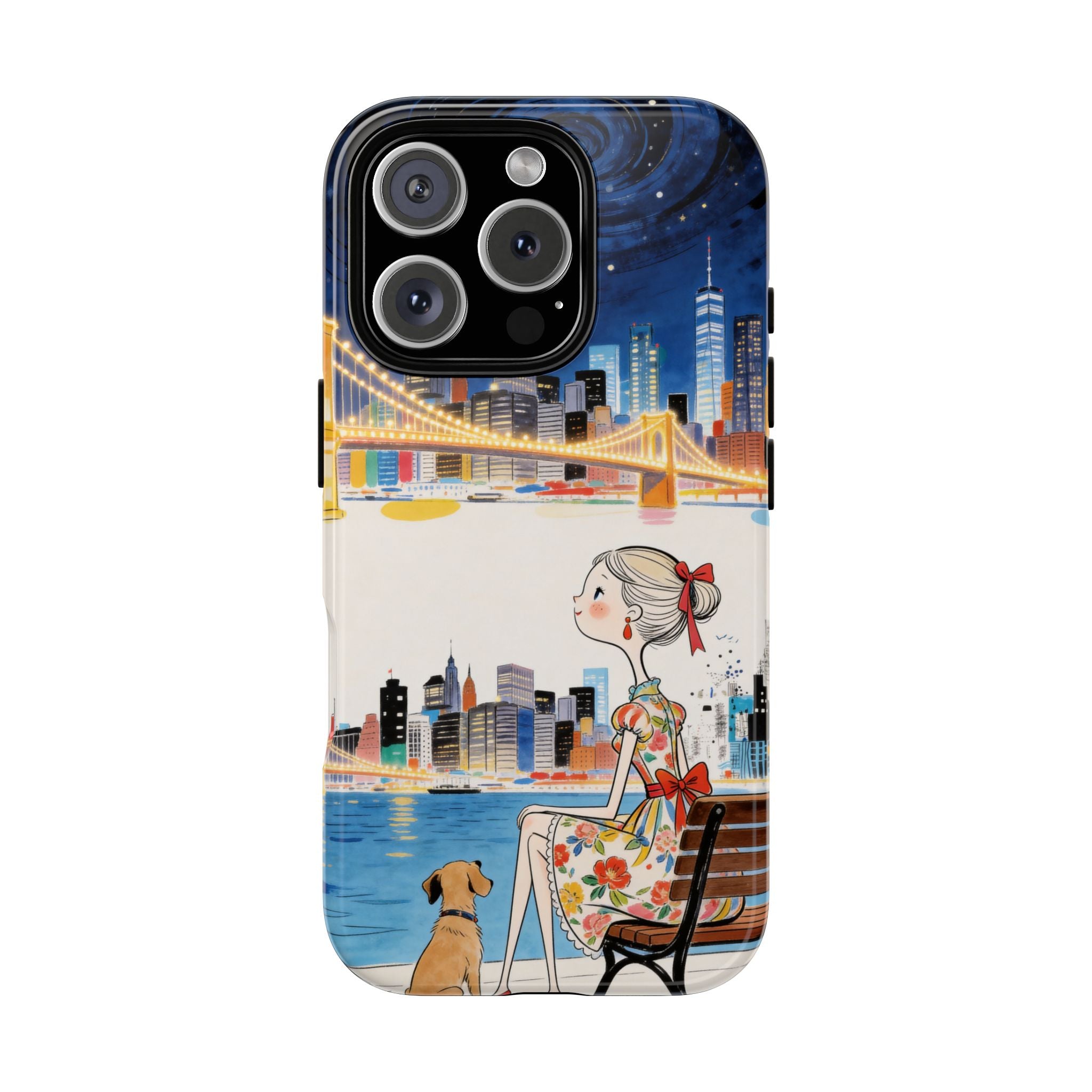 City Night iPhone Case | Cute Girl & Dog Bench Illustration