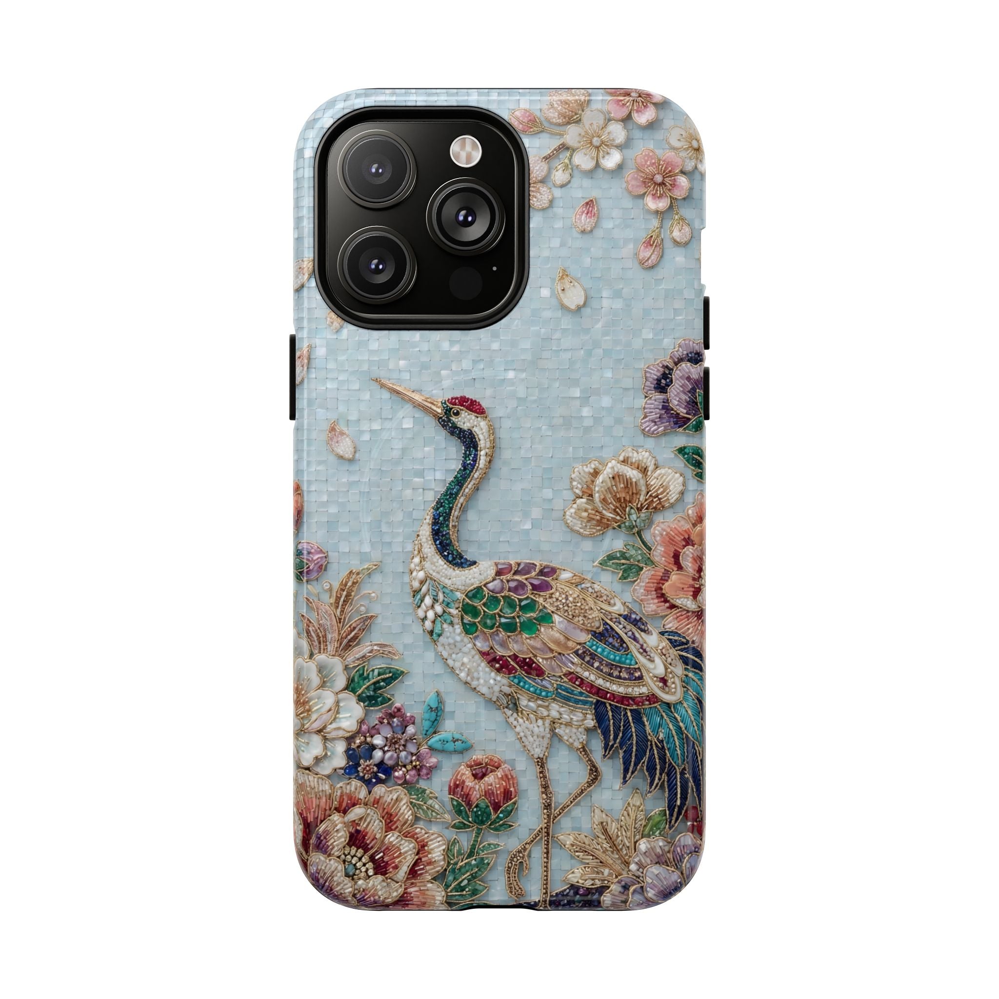 Floral Crane Tough MagSafe iPhone Case | Vintage Embroidered Bird Protection