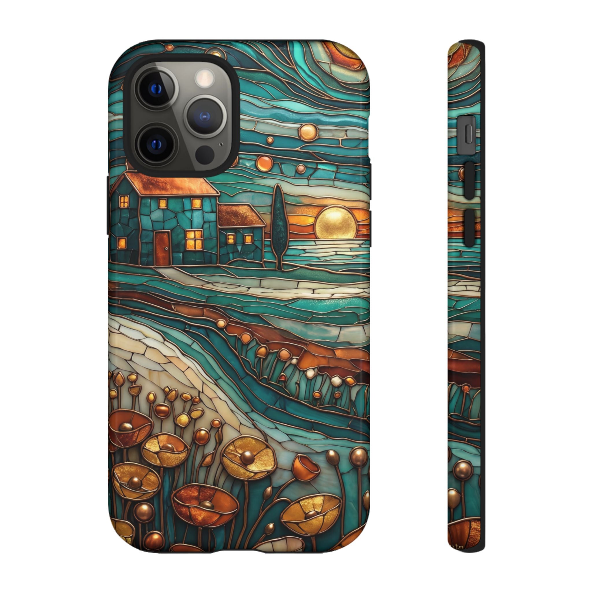 Artistic Sunset Cottage iPhone Case | Whimsical Floral Landscape Protective Cover