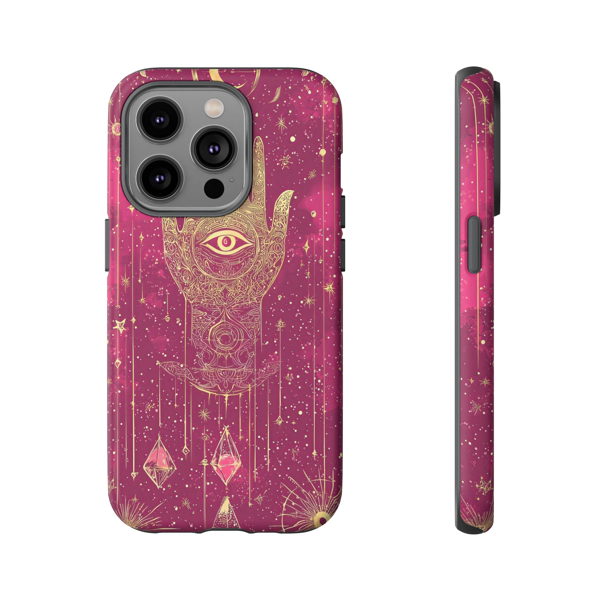 Mystic Hamsa iPhone Case | Gold Palm & All-Seeing Eye on Magenta Galaxy