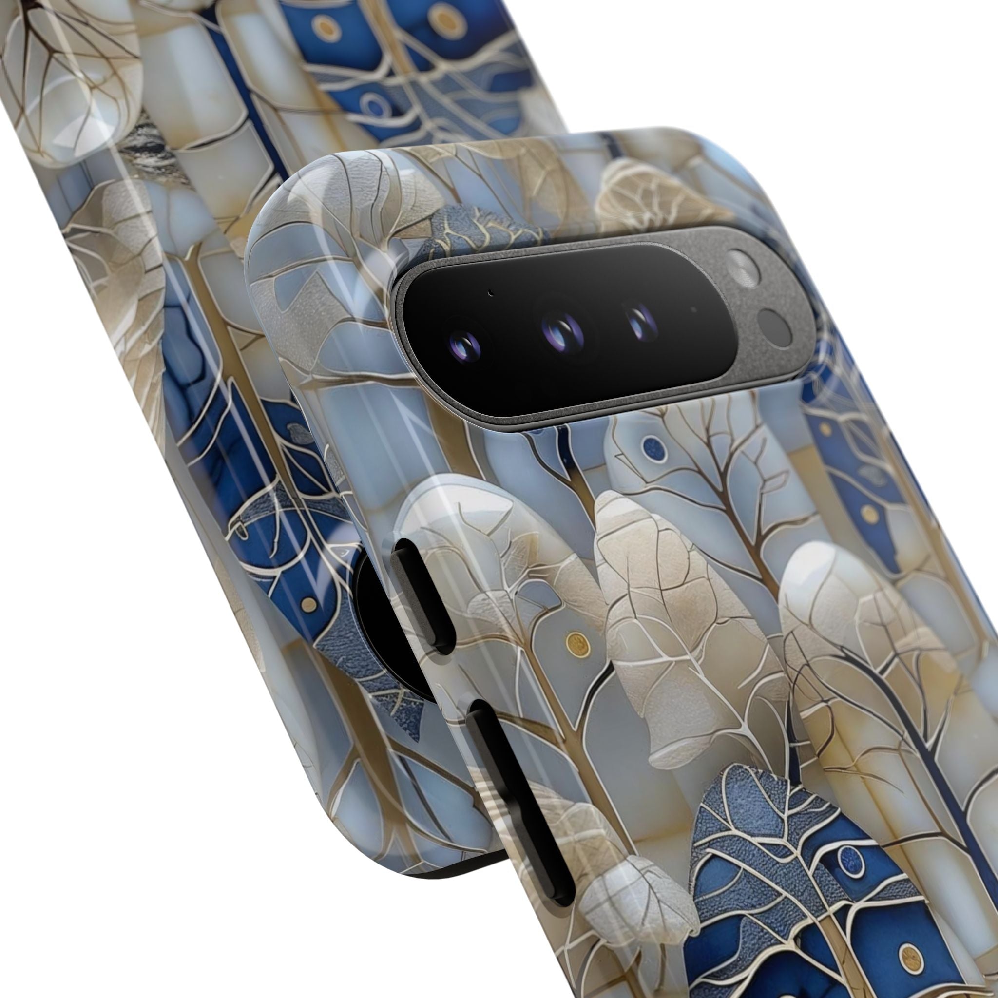 Blue Gold Winter Forest Google Pixel Case — Elegant Tree Pattern Tough Case