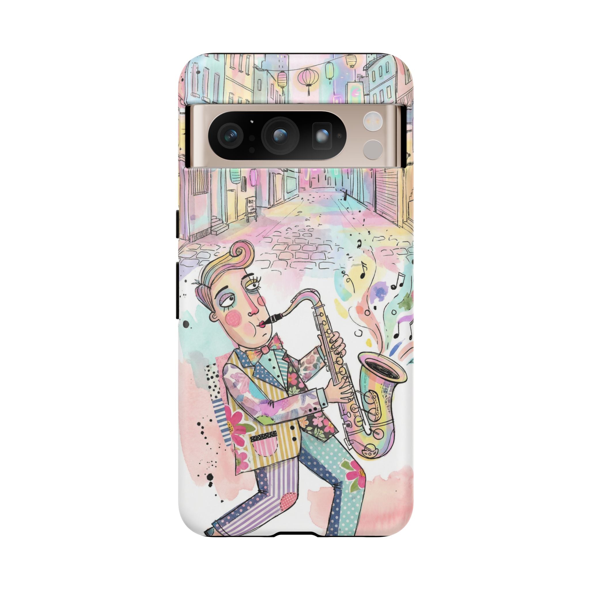 Sax Player Art Google Pixel Phone Case | Pastel Jazz Street Illustration