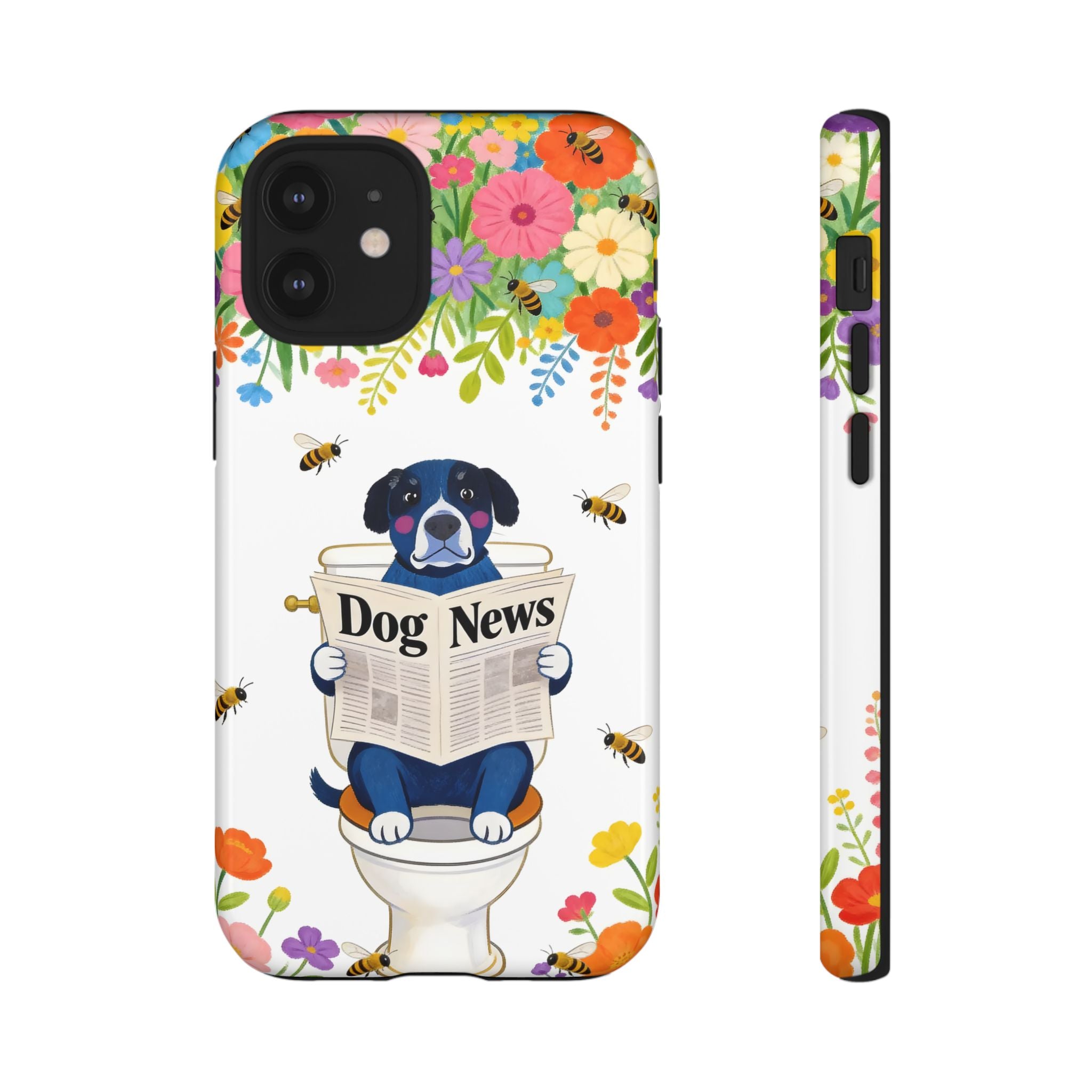 Dog News Floral iPhone Case | Cute Dog on Toilet Pattern, Spring Floral iPhone Cover