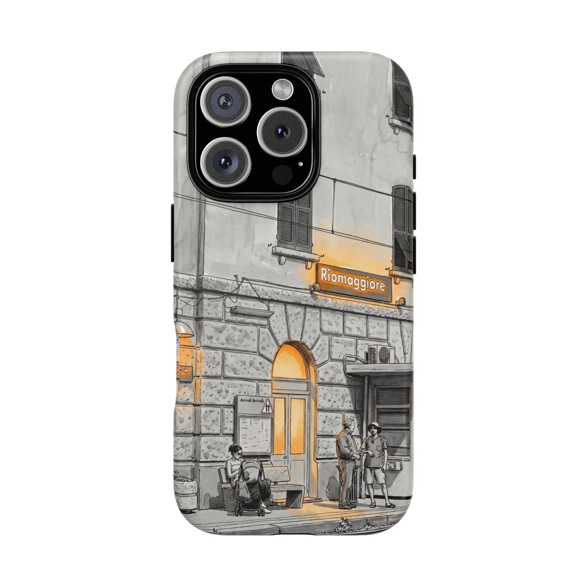 Cinque Terre Train Station iPhone Case | Black & White Sketch with Warm Yellow Accents