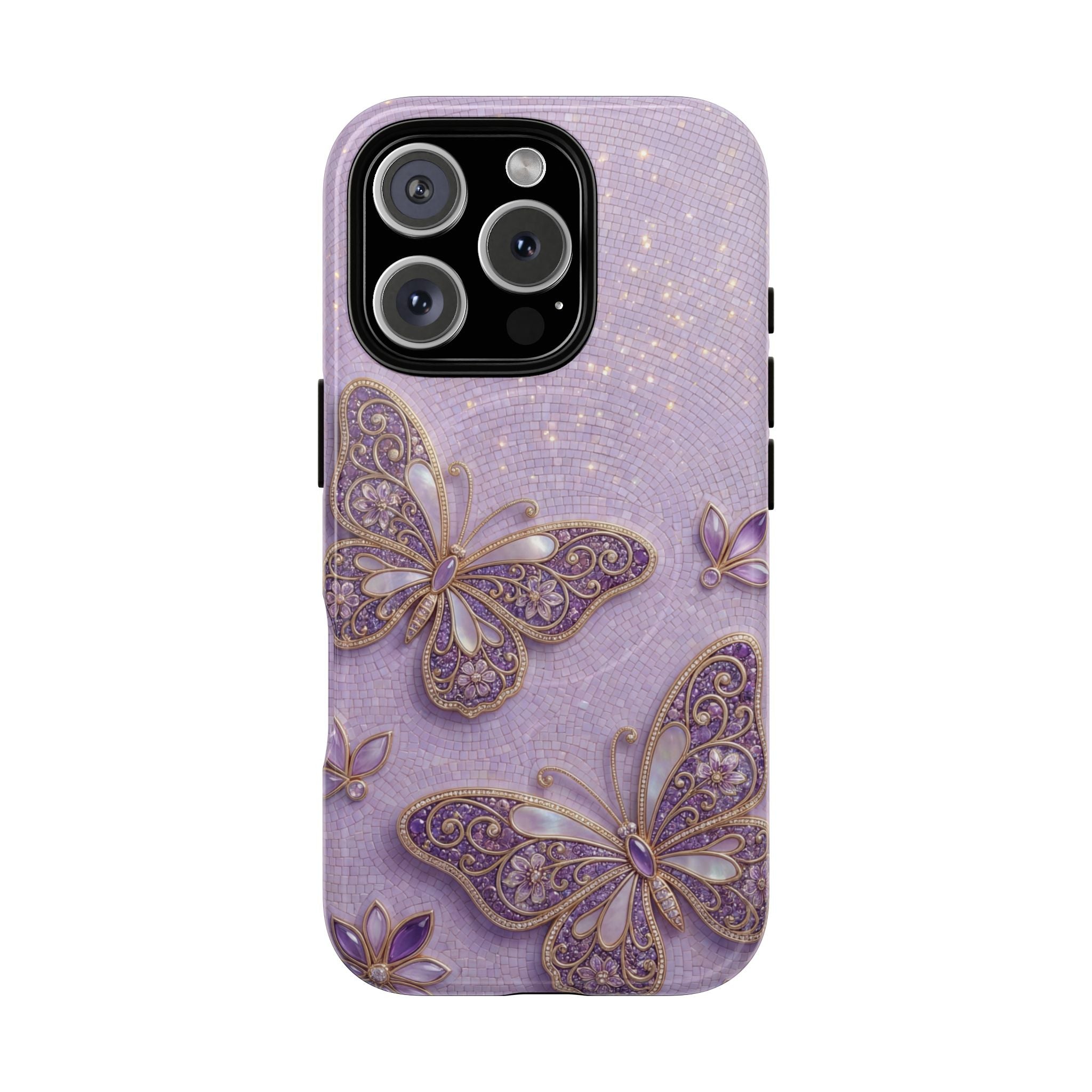 Purple Butterfly Tough MagSafe iPhone Case | Sparkling Floral Protective Cover