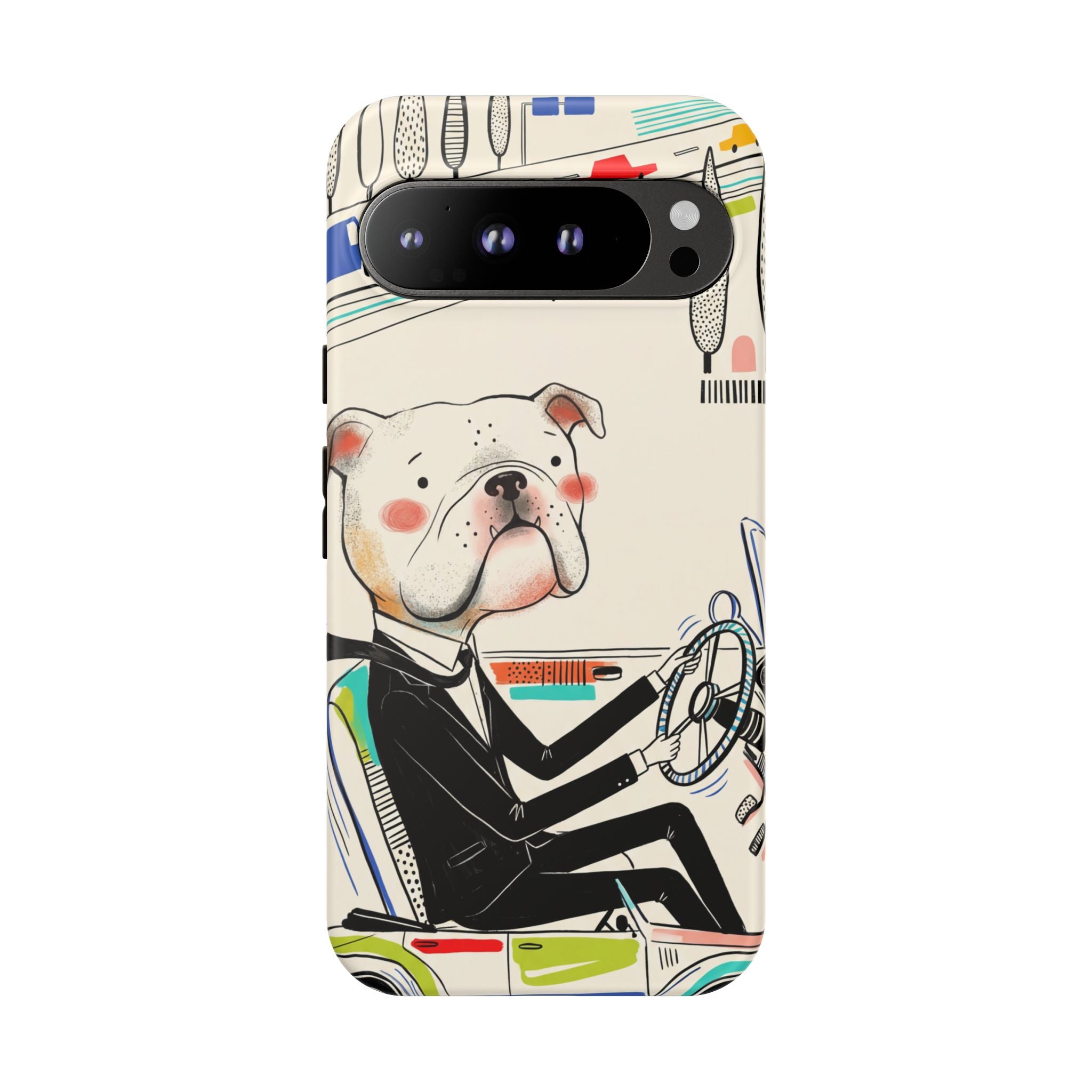 Bulldog Driver Google Pixel Phone Case | Cute Retro Dog Illustration
