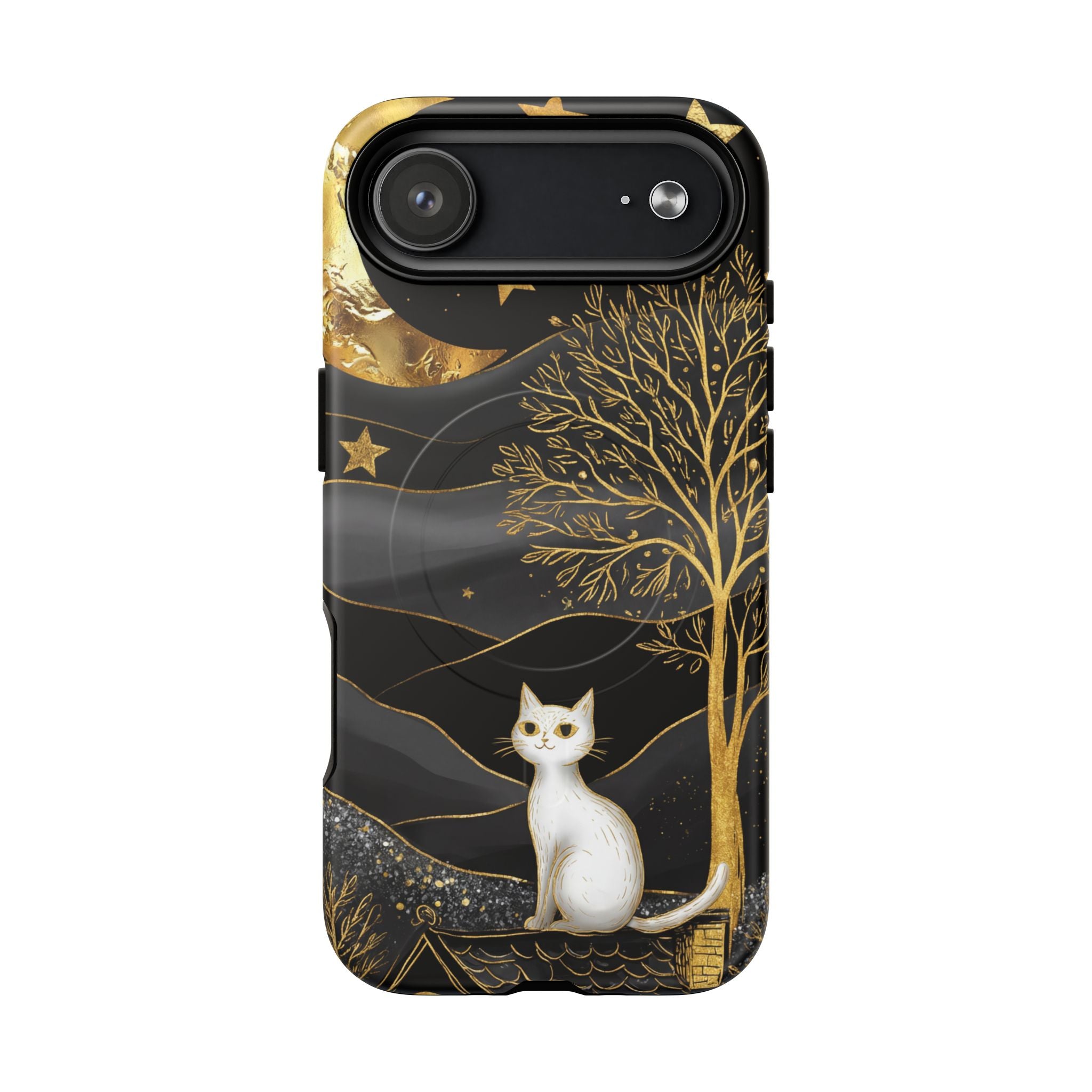 Custodia per iPhone Moonlit Cat | Custodia resistente MagSafe nera e oro