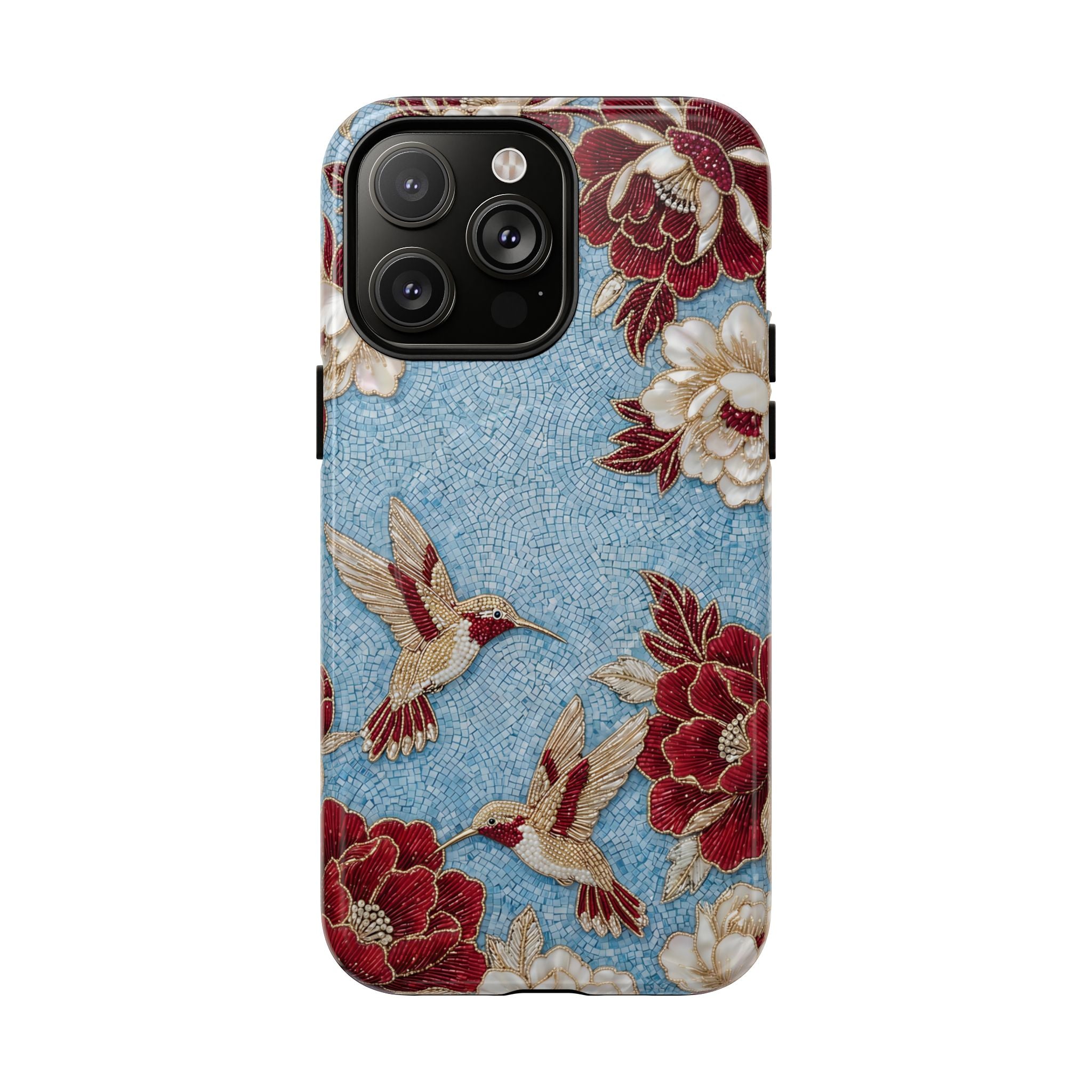 Floral Hummingbird Tough MagSafe iPhone Case | Vintage Blue & Burgundy Botanical Design