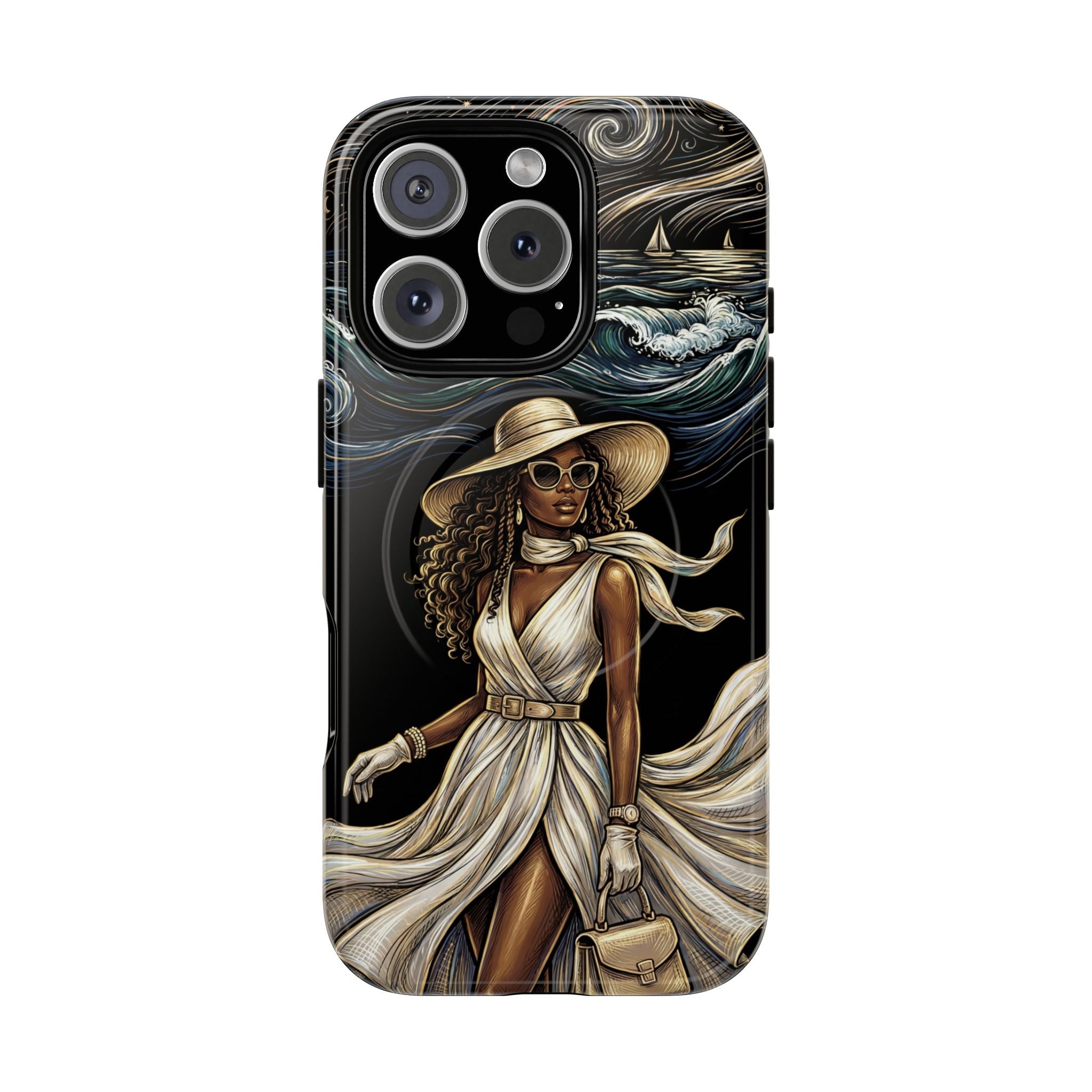 MagSafe iPhone Case | Elegant Black Woman in Flowing Dress by the Sea