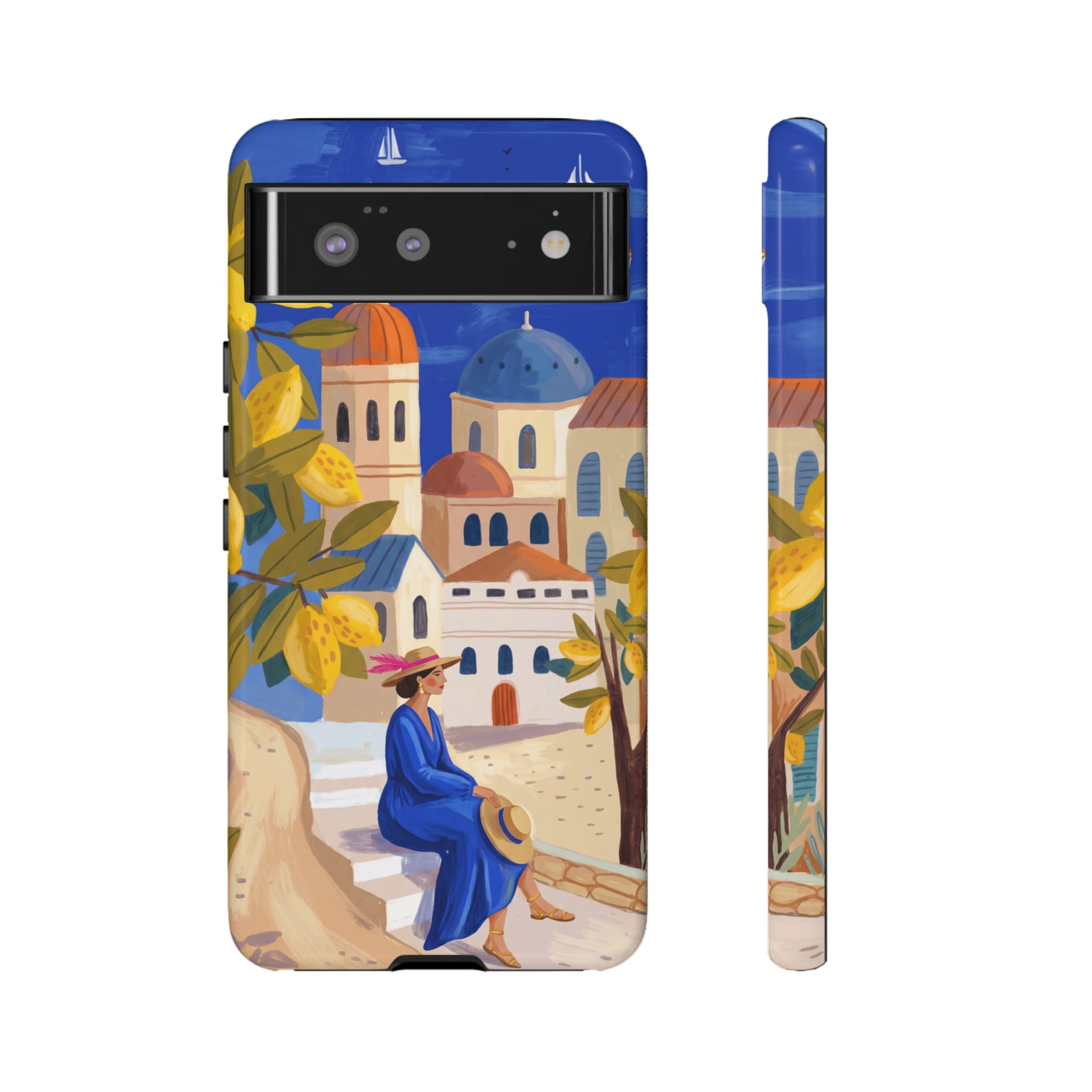 Mediterranean Village Google Pixel Phone Case | Scenic Sailboat & Lemon Grove Design