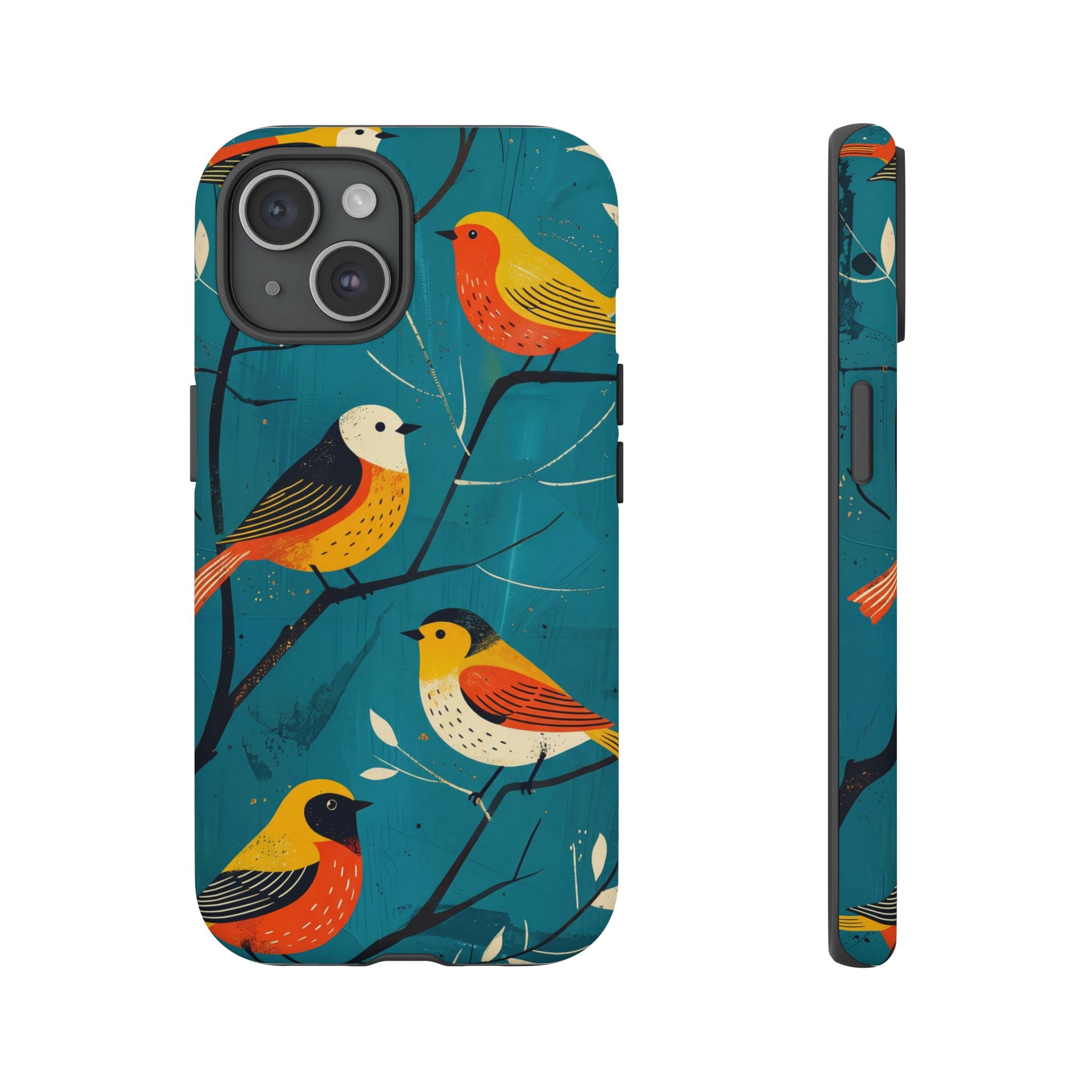 Bird Pattern Tough iPhone Case | Colourful Songbirds on Teal Background