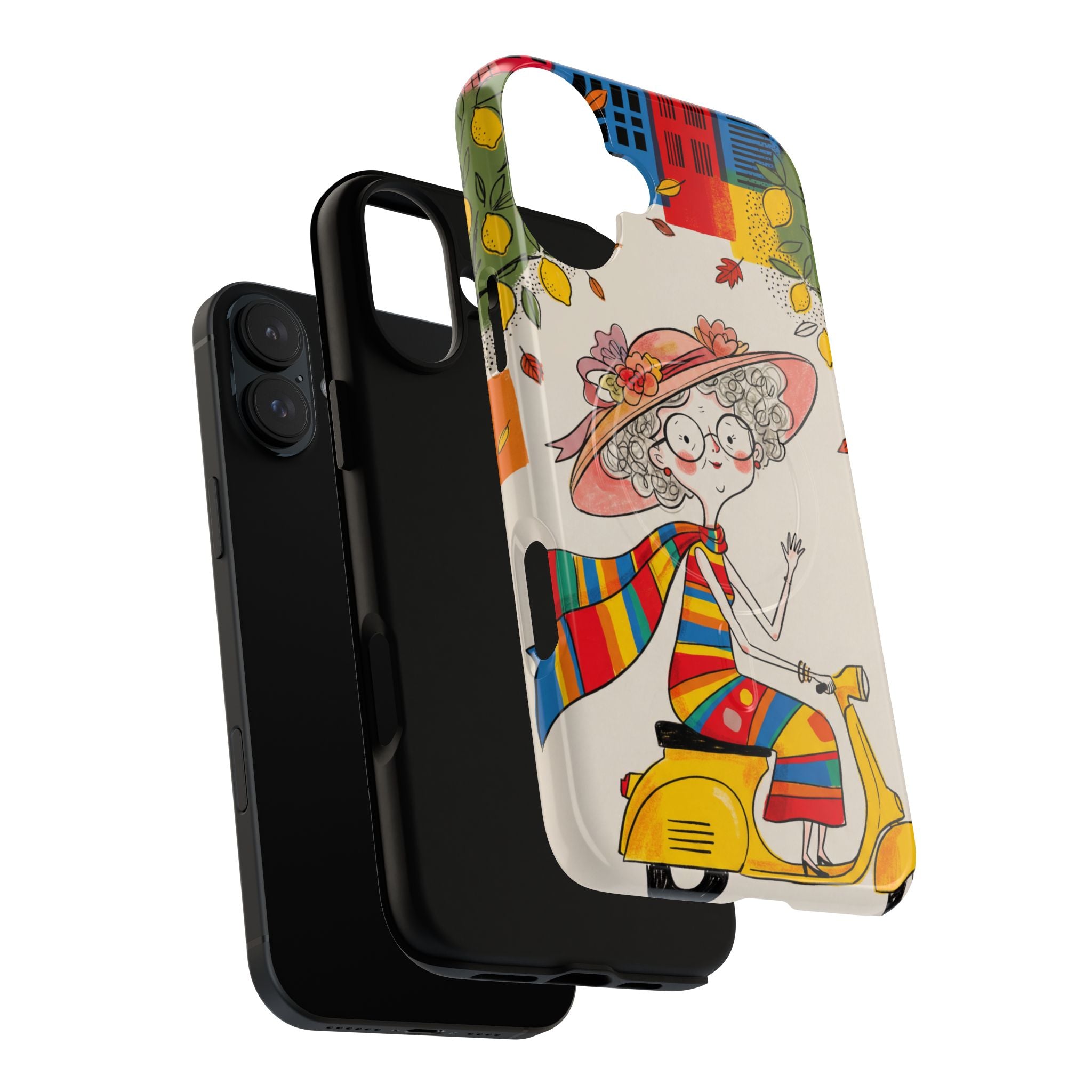 Vintage Scooter Granny MagSafe iPhone Case | Colourful Retro Elderly Lady Design