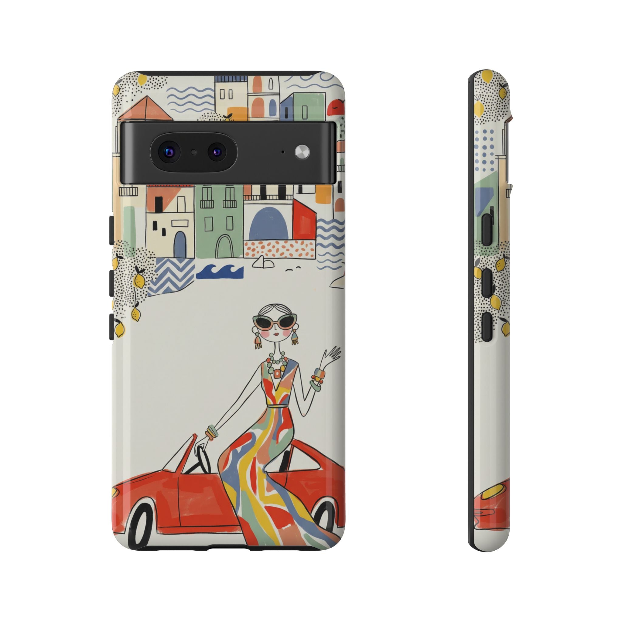 Stylish Riviera Google Pixel Phone Case | Chic Retro Woman in Convertible Design