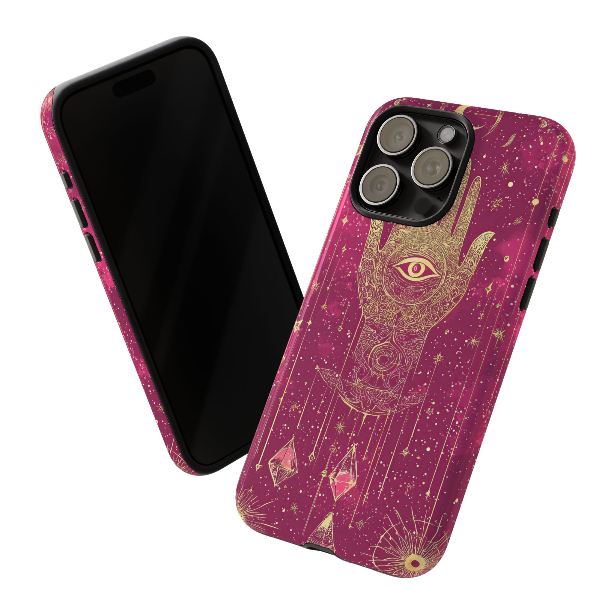 Mystic Hamsa iPhone Case | Gold Palm & All-Seeing Eye on Magenta Galaxy