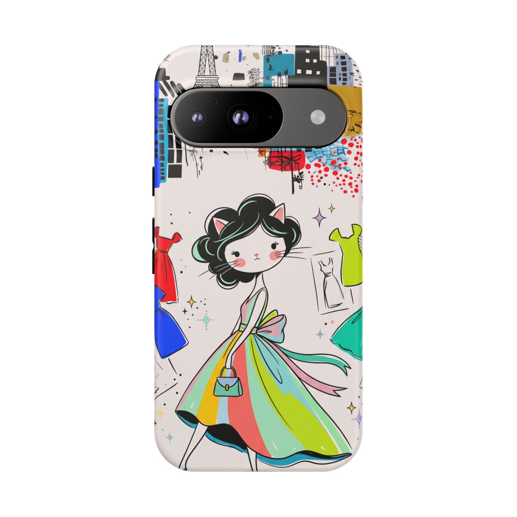 Retro Fashion Cat Girl Google Pixel Phone Case | Cute Dress & City Print
