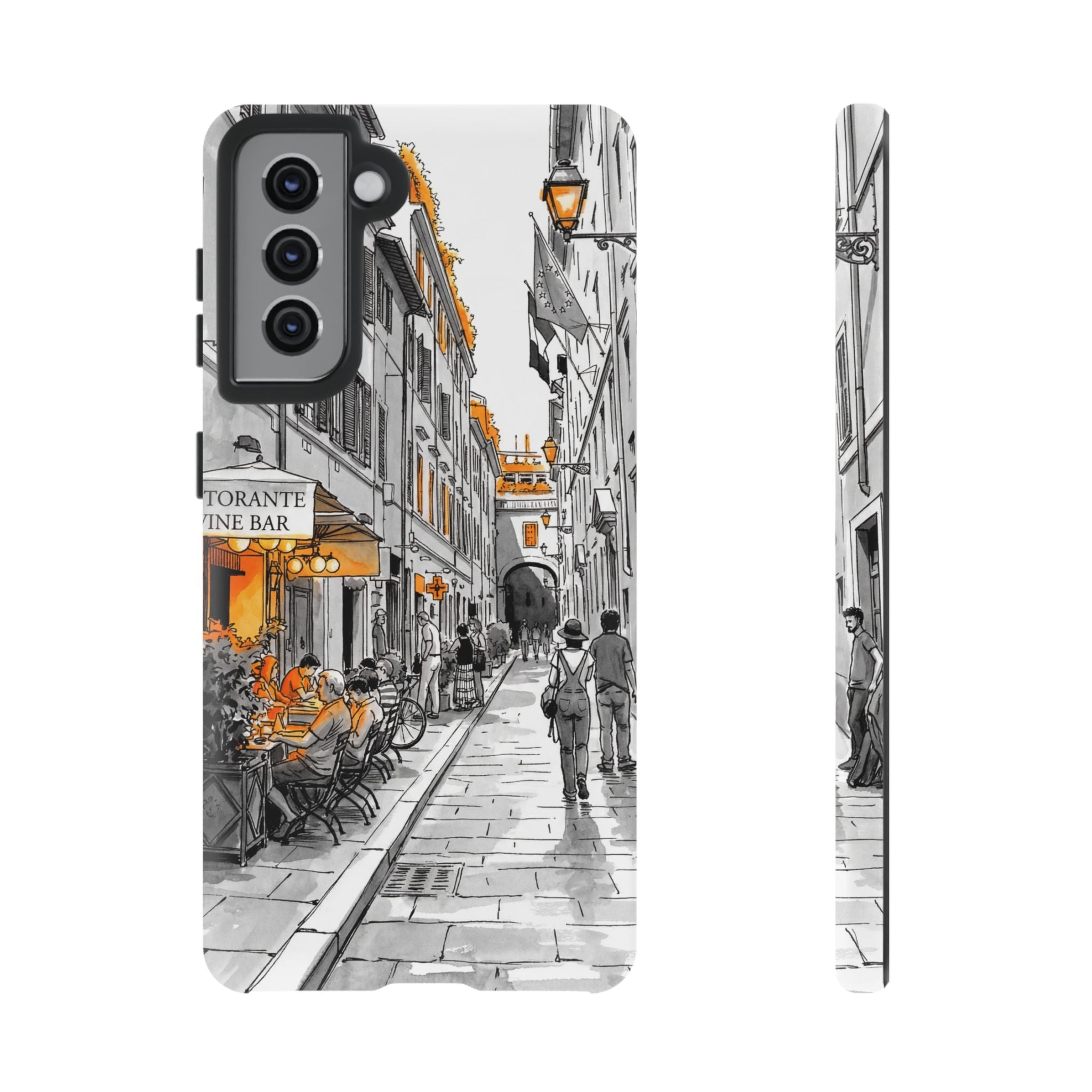 Italy Street Samsung Galaxy Case | Black & White Cityscape with Orange Accents