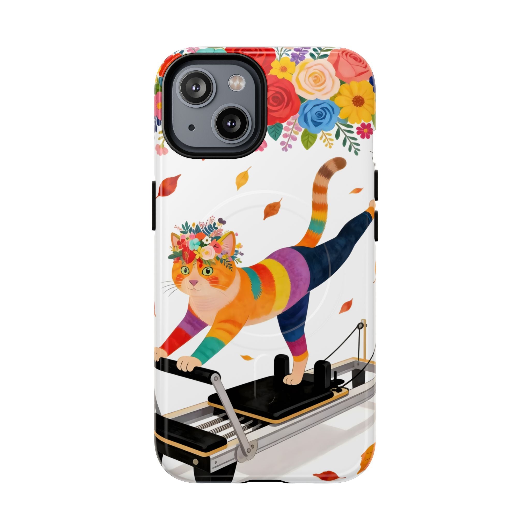 Cat Pilates MagSafe iPhone Case | Floral Rainbow Cat on Reformer