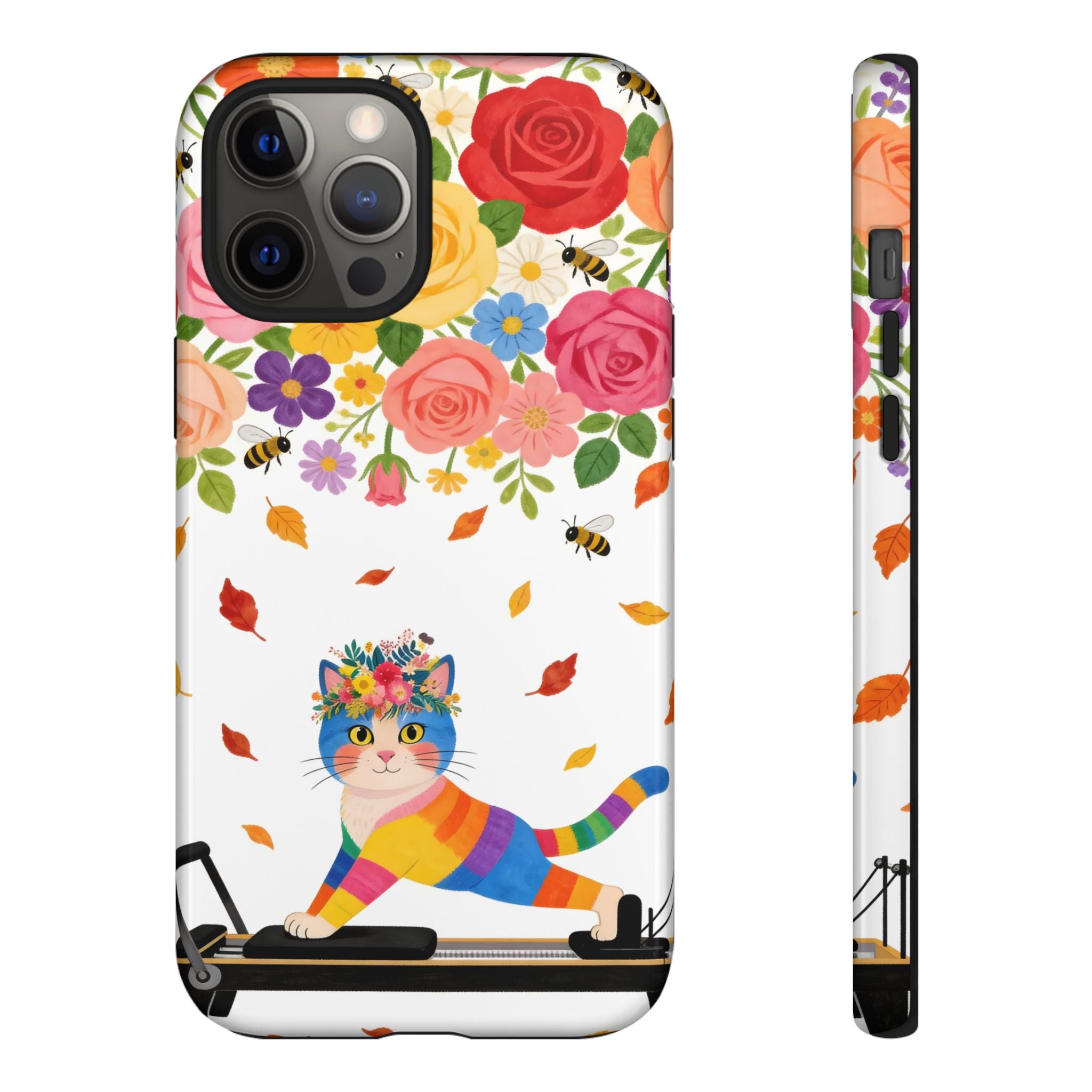 Floral Rainbow Cat Tough iPhone Case — Colorful Pilates Cat Design