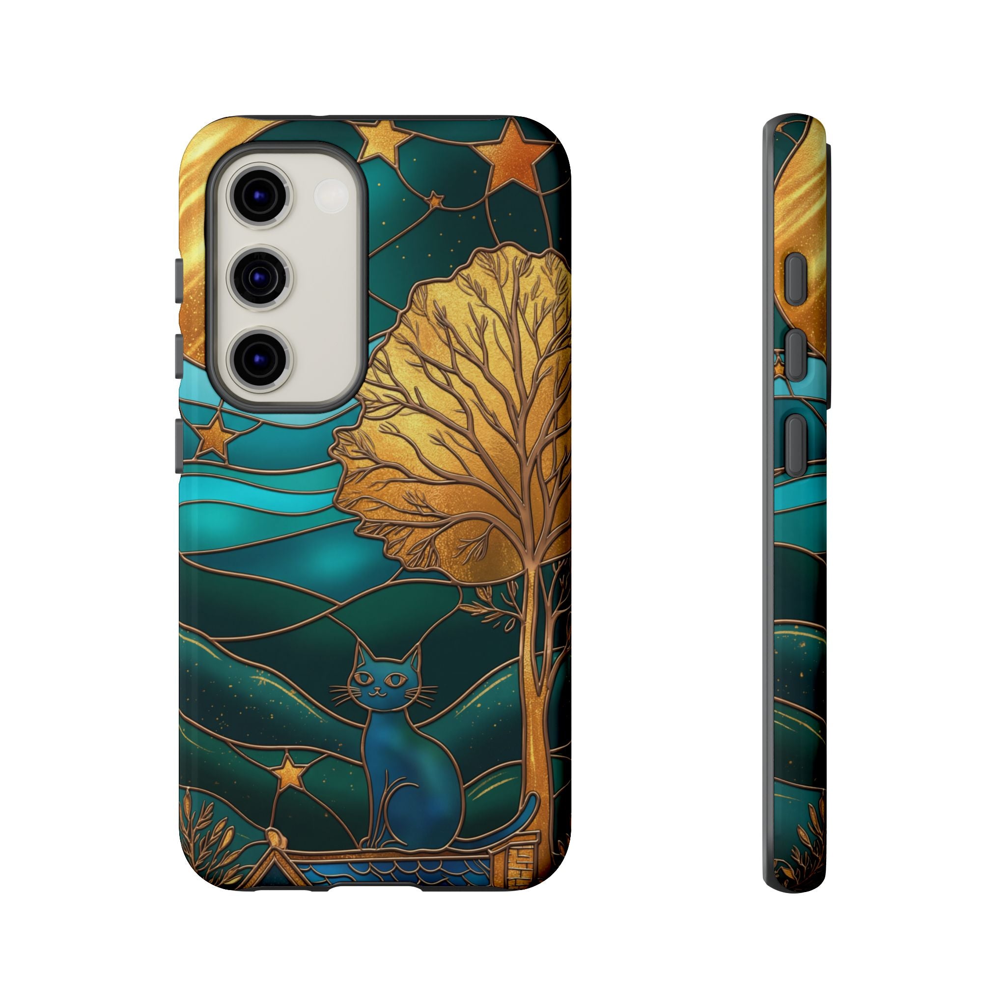 Stained Glass Cat Tough Samsung Galaxy Case | Gold Tree & Starry Night Design