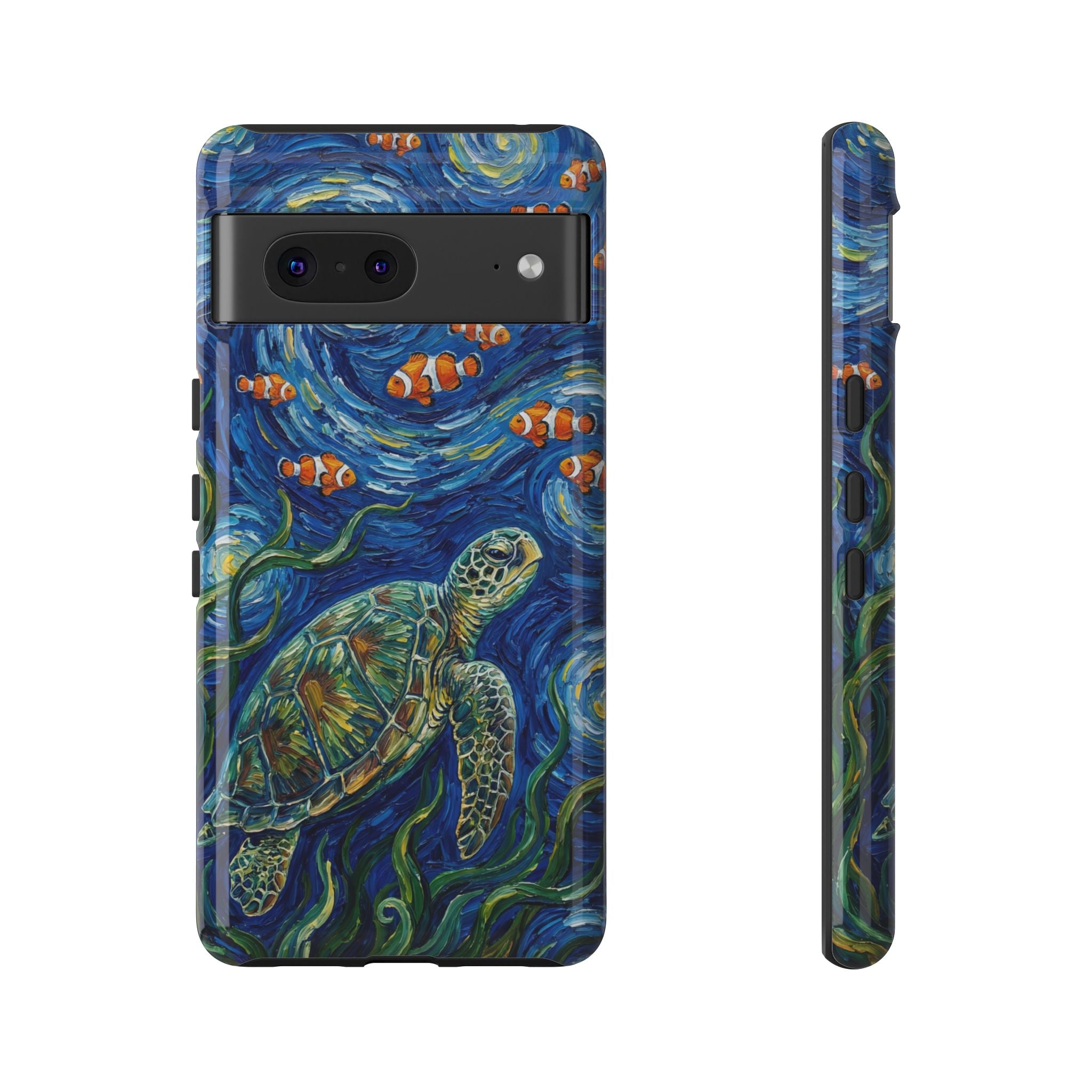 Sea Turtle & Clownfish Tough Google Pixel Case | Van Gogh Style Ocean Art