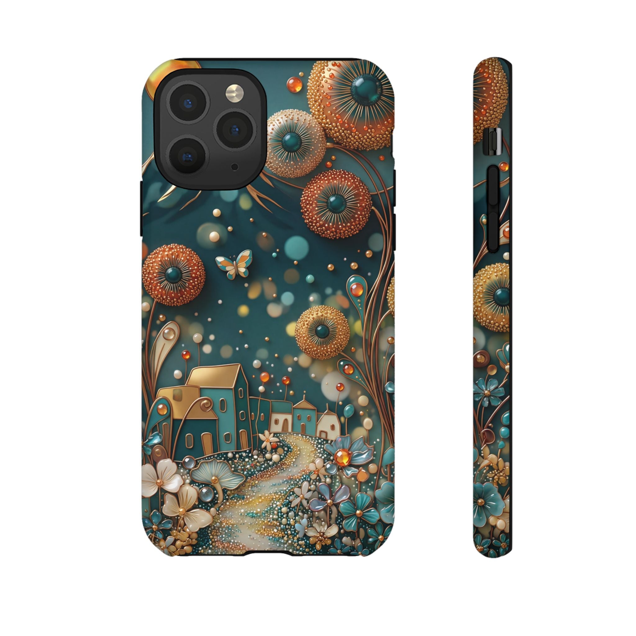 Whimsical Night Village iPhone Case | Floral Moonlit Art Tough Case