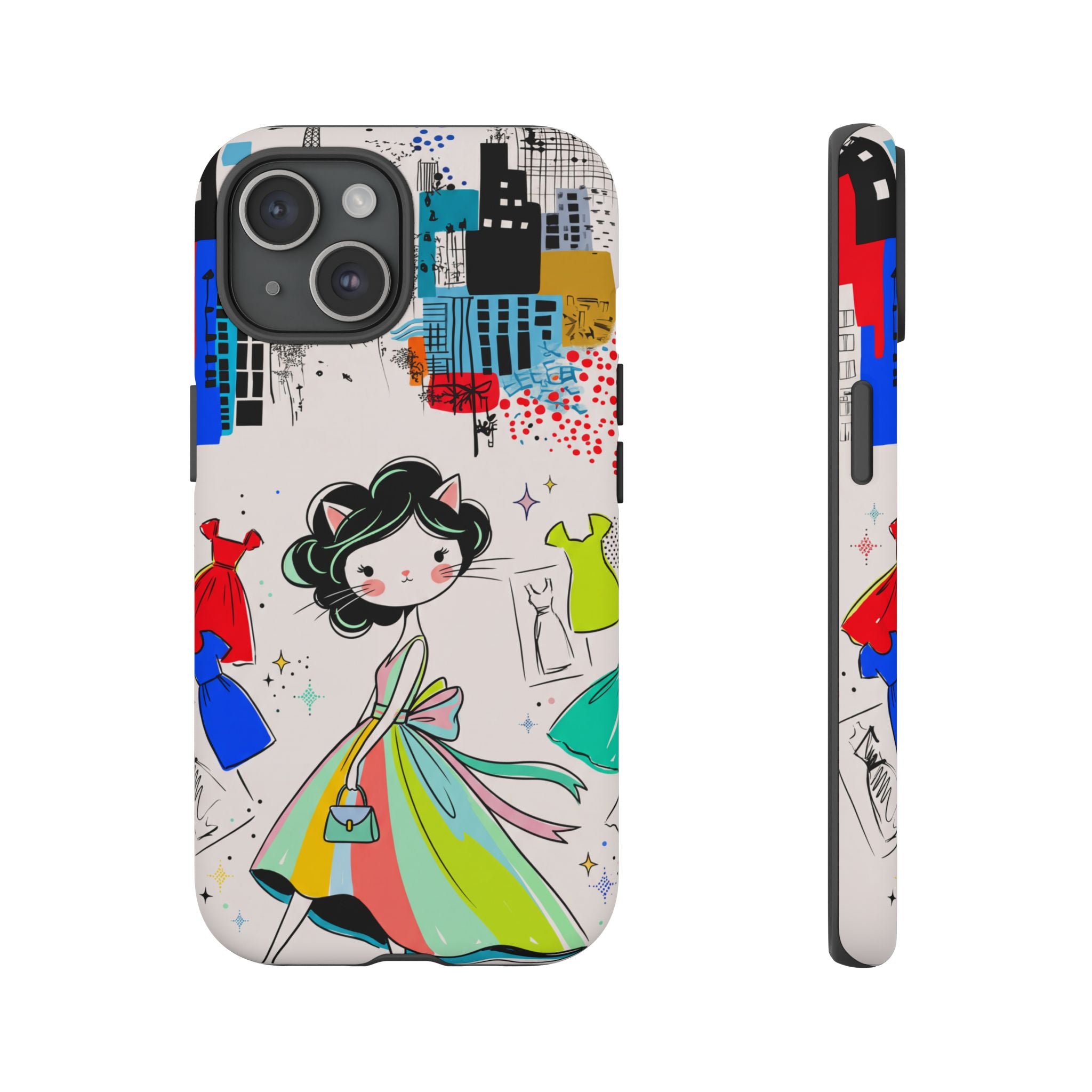 Retro Fashion Cat Girl iPhone Case | Cute Dress & City Print