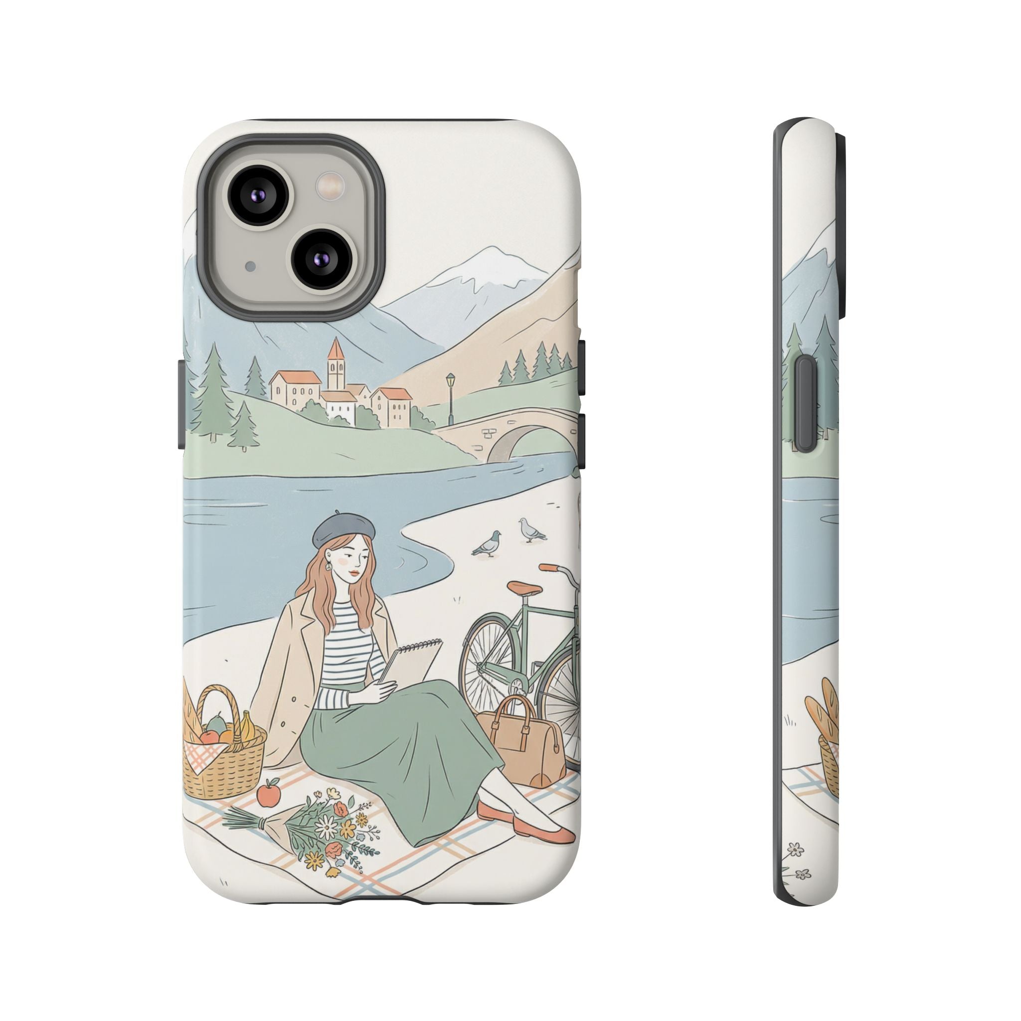 Scenic Picnic iPhone Case | Vintage Bicycle & Mountain Illustration