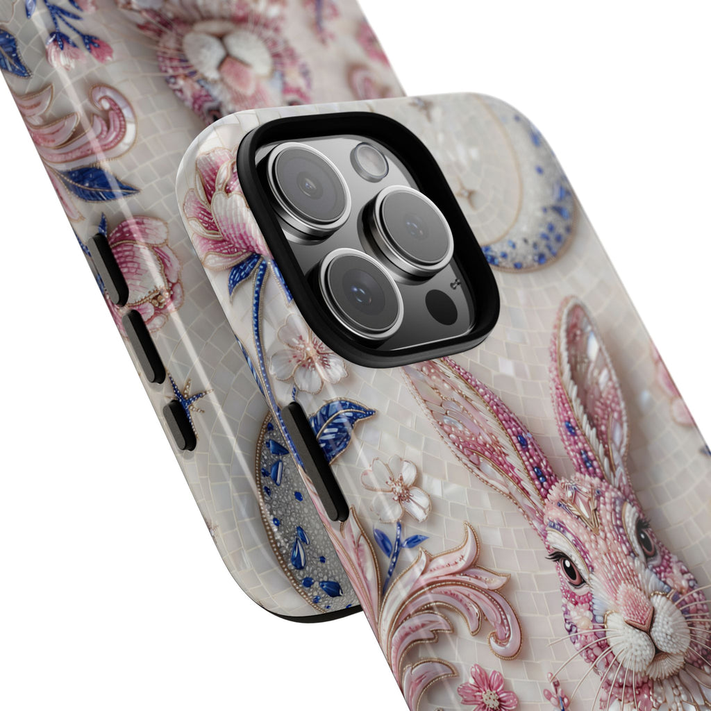 Floral Moon Rabbit Tough iPhone Case | Pink Boho Bunny Protective Cover