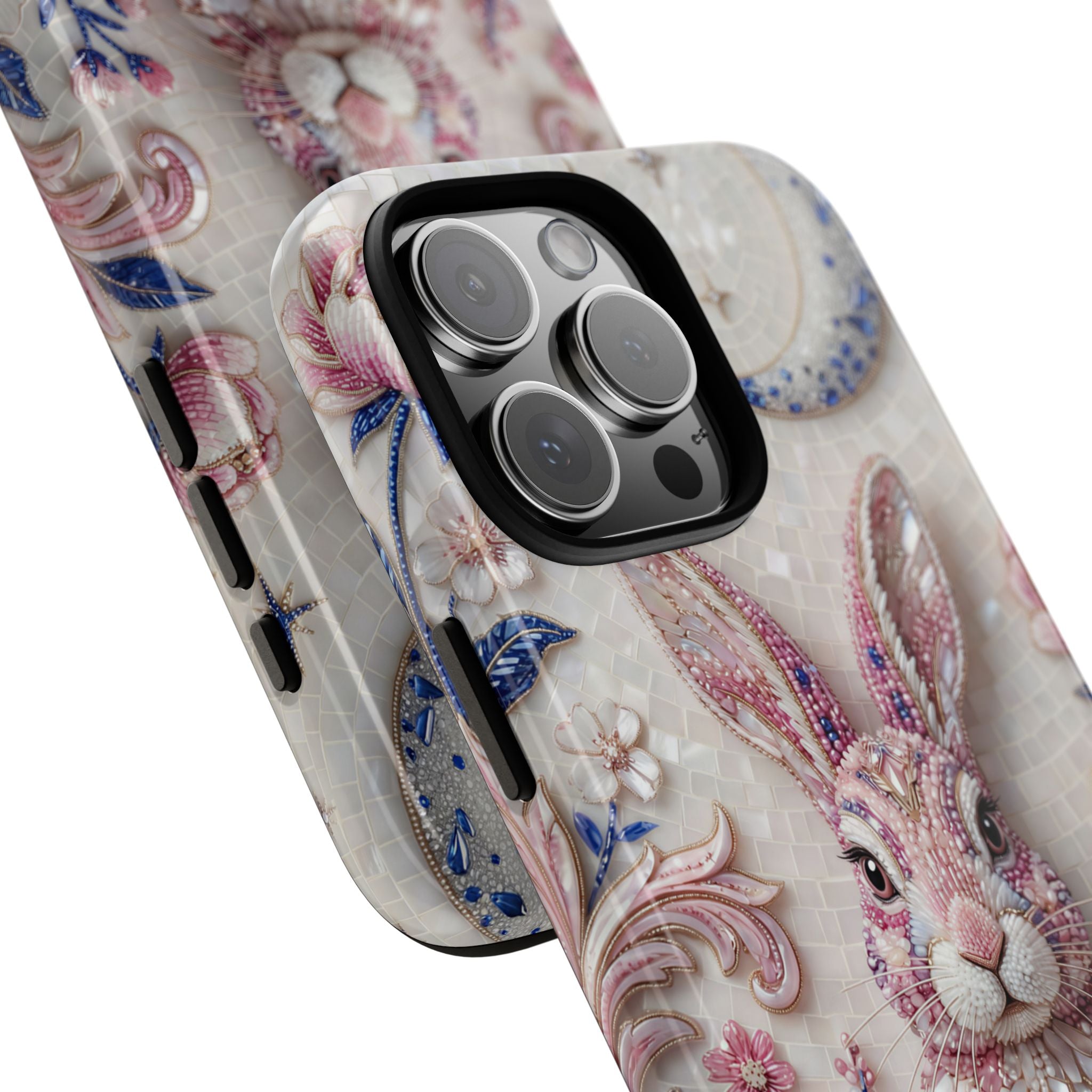 Floral Moon Rabbit Tough iPhone Case | Pink Boho Bunny Protective Cover