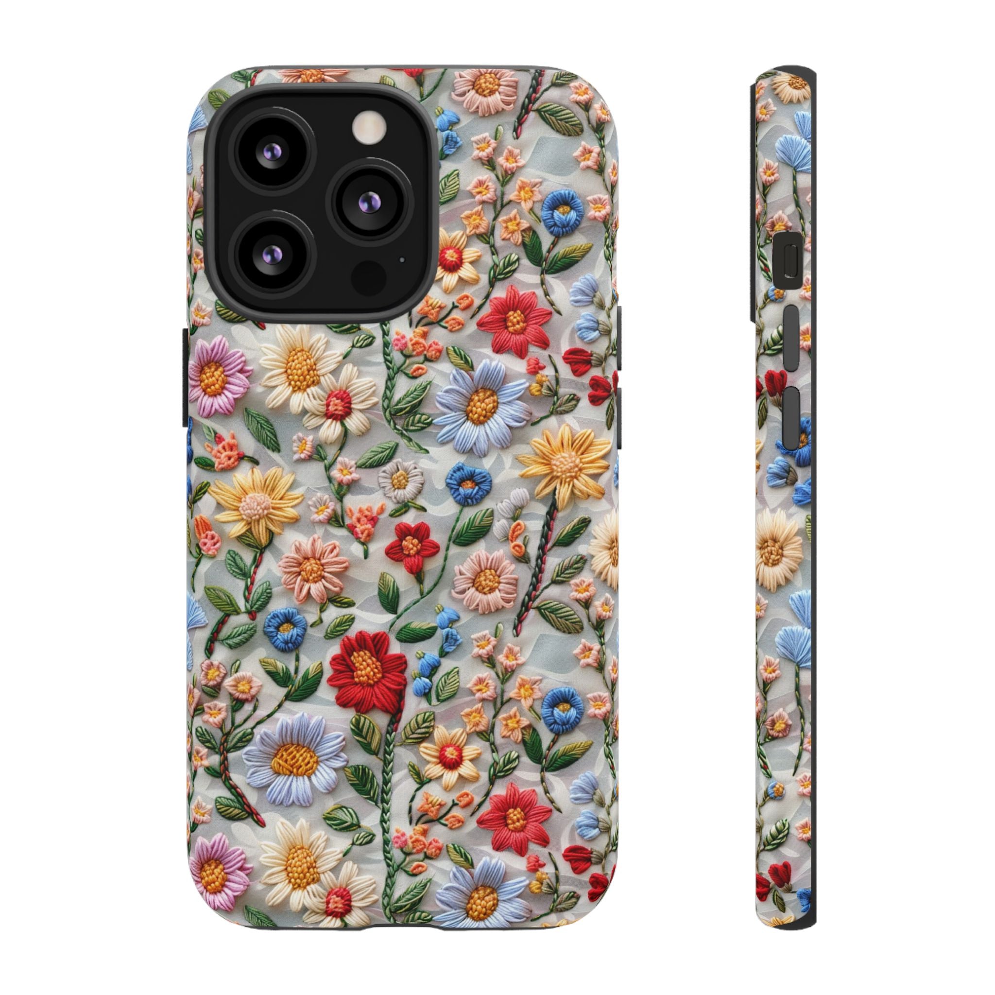 Floral Embroidered Pattern Tough iPhone Case — Colourful Daisy & Wildflower Design