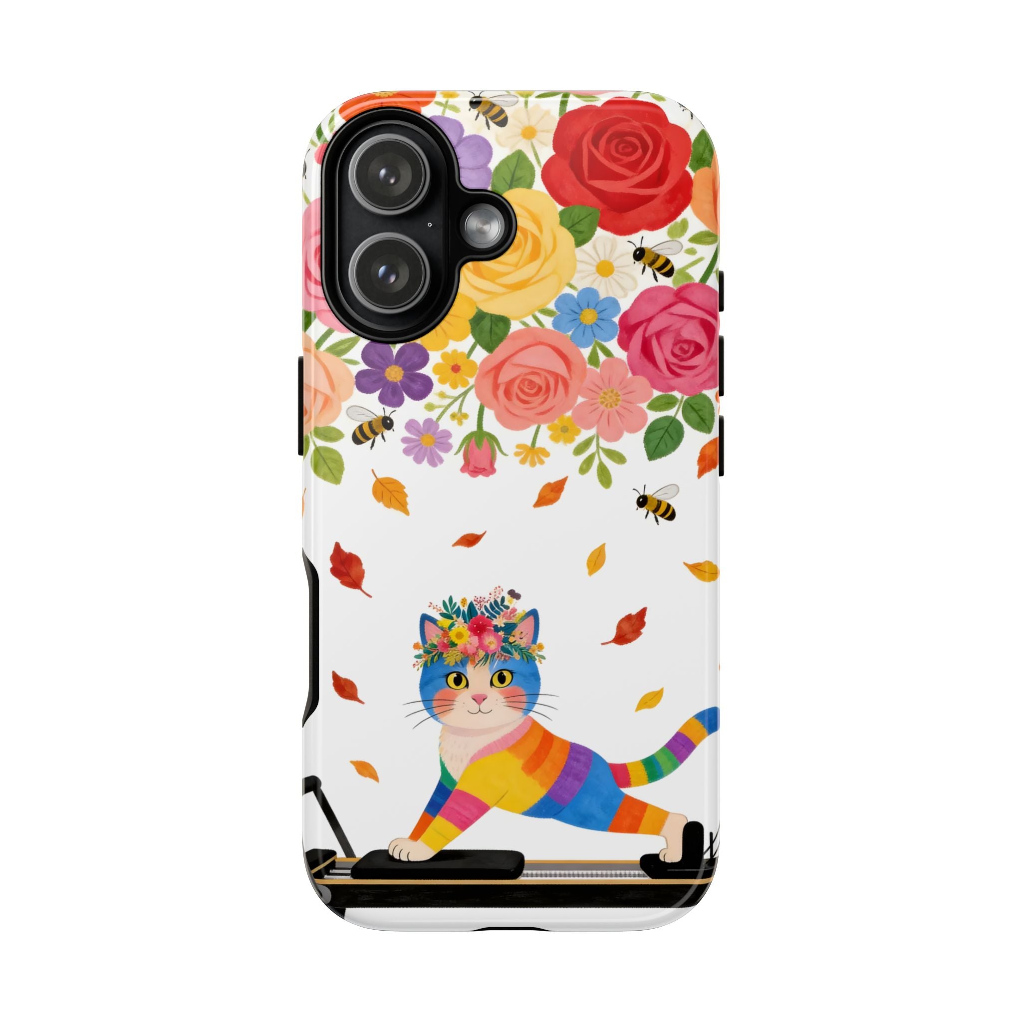 Floral Rainbow Cat Tough iPhone Case — Colorful Pilates Cat Design