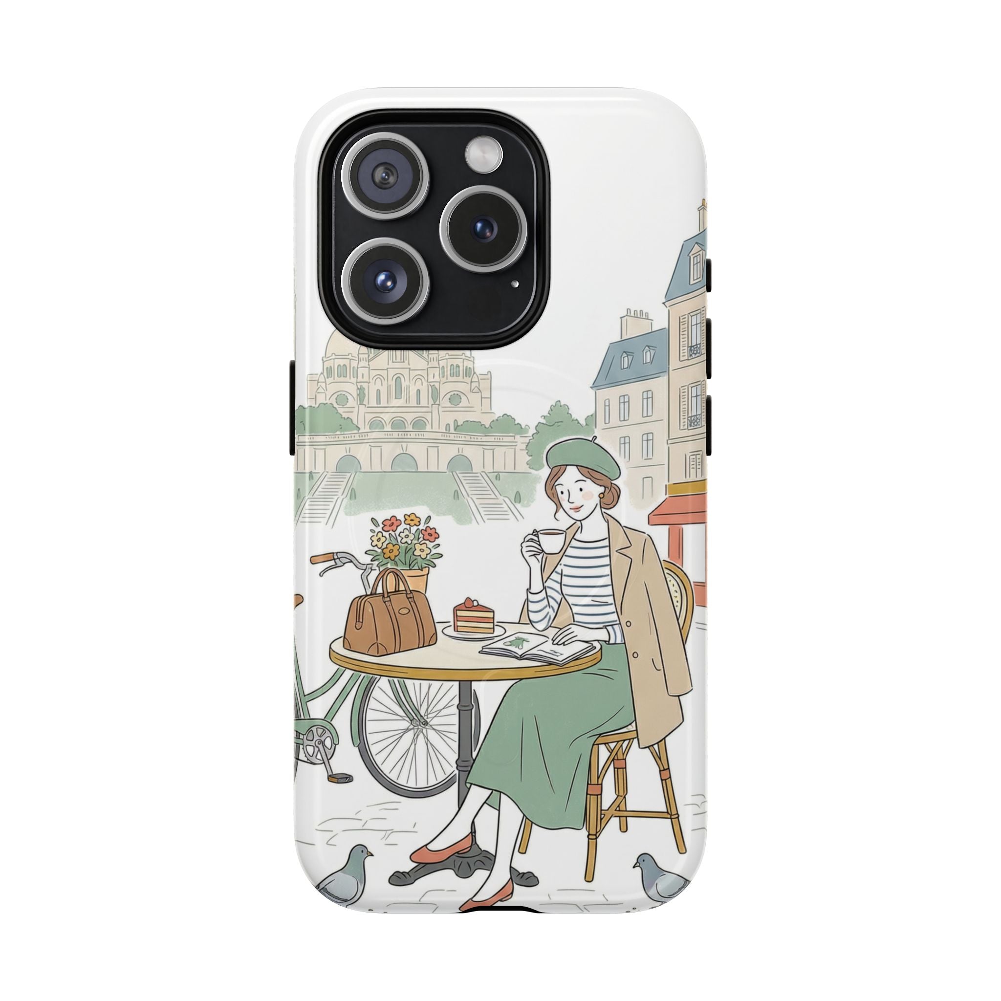 Paris Cafe Illustration MagSafe iPhone Case | Vintage Bicycles & Pigeons Protective Cover