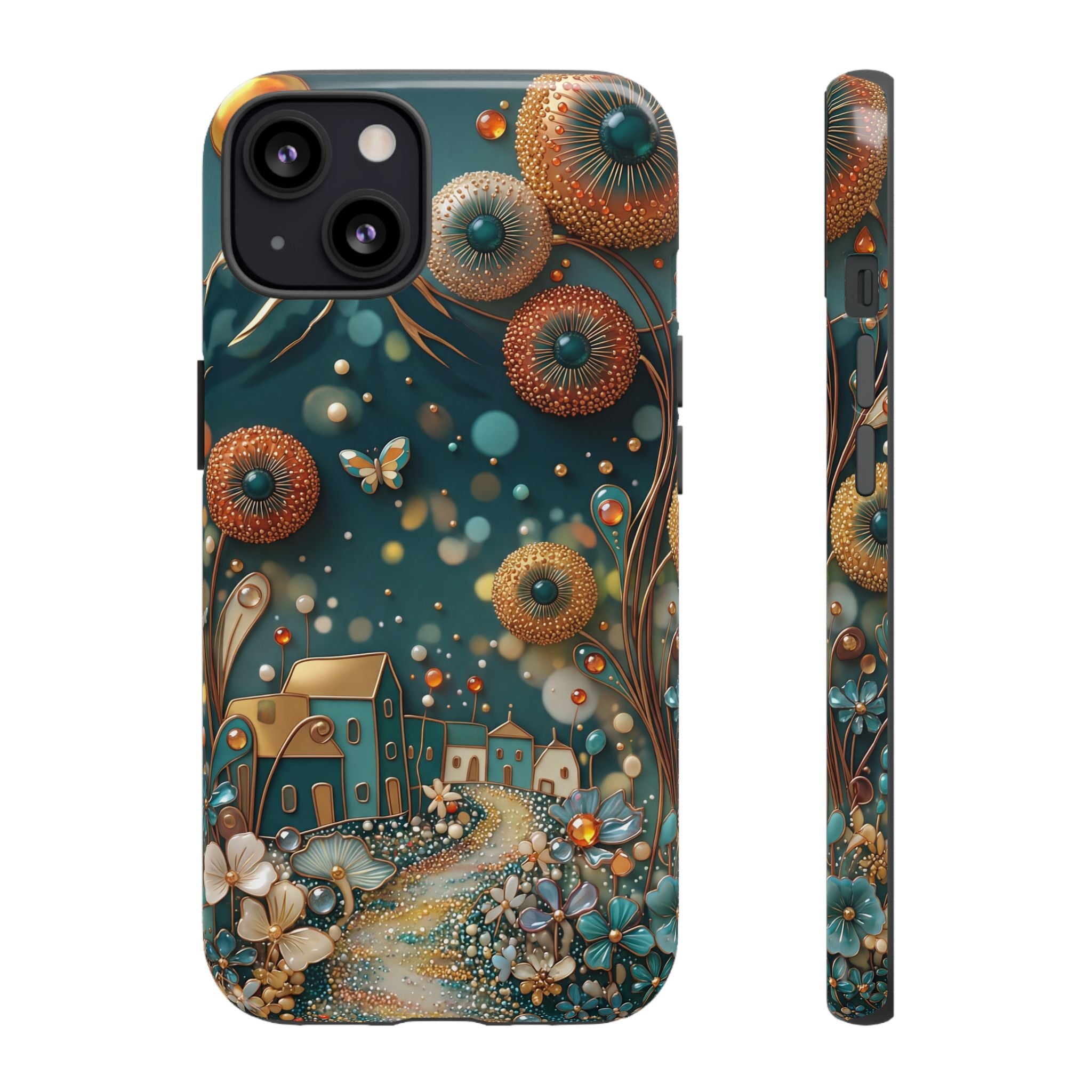 Whimsical Night Village iPhone Case | Floral Moonlit Art Tough Case