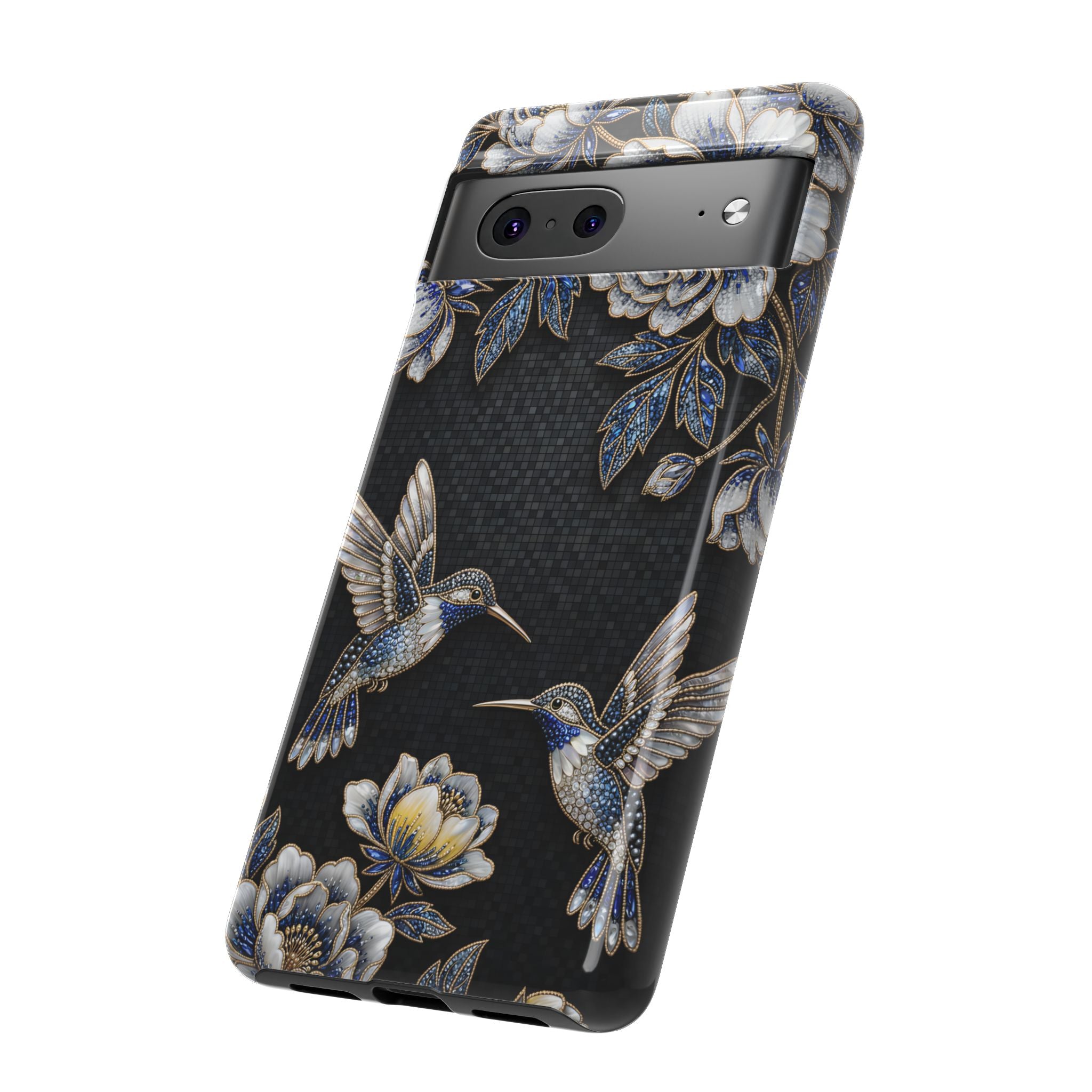 Hummingbird & Peony Floral Google Pixel Phone Case | Elegant Black Protective Cover