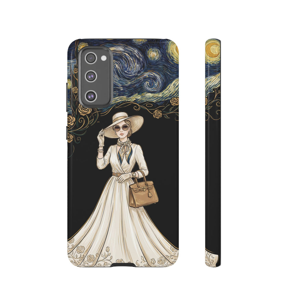 Vintage Starry Night Fashion Samsung Galaxy Phone Case | Elegant Lady in White Dress