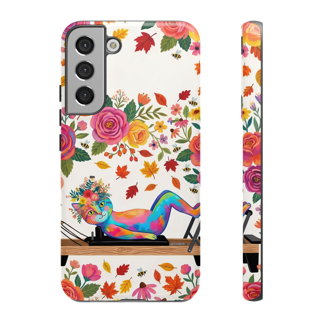 Autumn Floral Pilates Samsung Galaxy Phone Case | Colorful Rainbow Pilates Figure on Falling Leaves