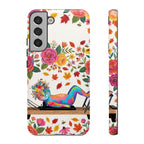 Autumn Floral Pilates Samsung Galaxy Phone Case | Colorful Rainbow Pilates Figure on Falling Leaves