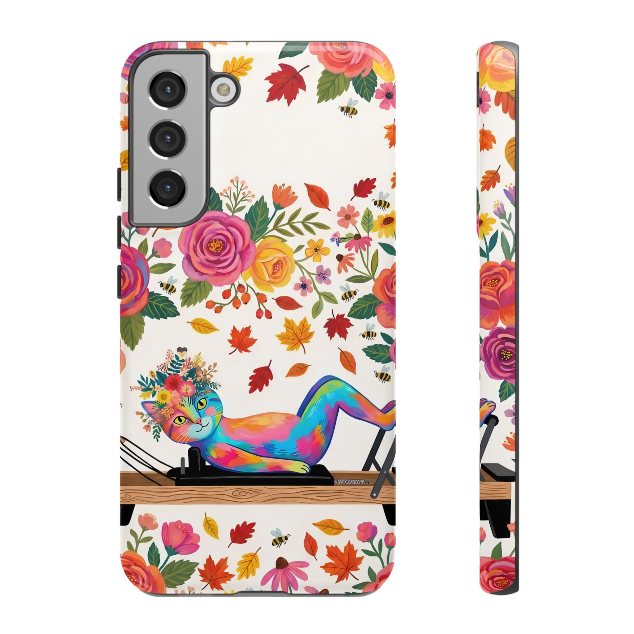 Autumn Floral Pilates Samsung Galaxy Phone Case | Colorful Rainbow Pilates Figure on Falling Leaves