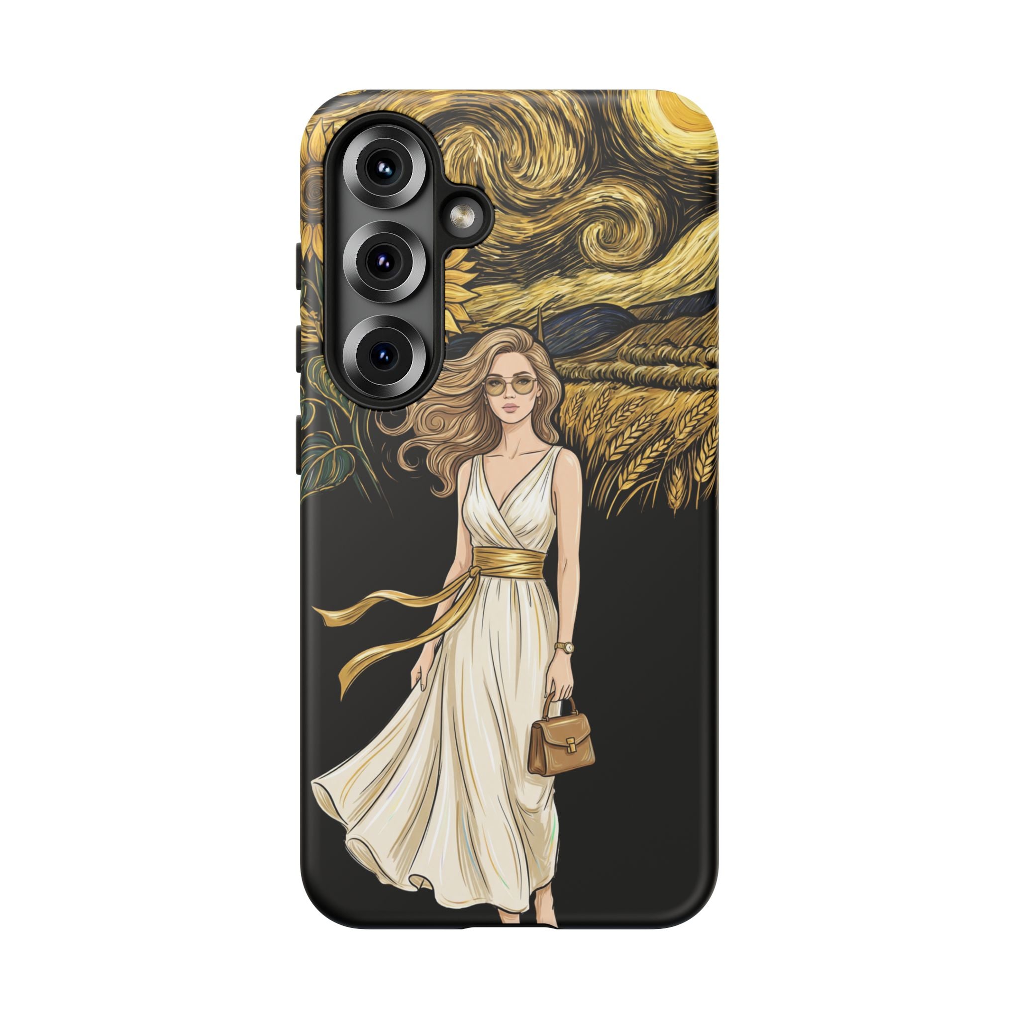Sunflower Night Samsung Galaxy Phone Case | Woman in Flowing Dress Van Gogh Style