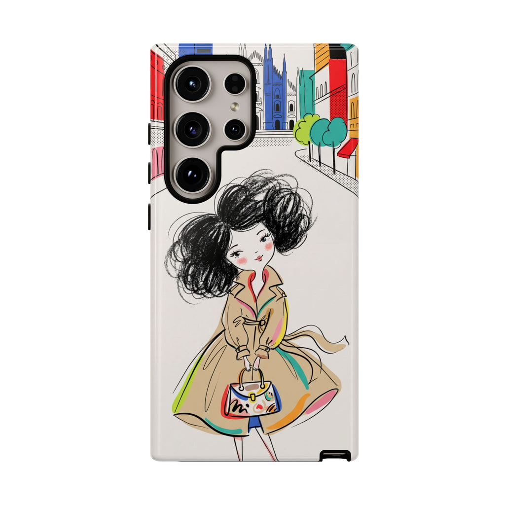 Custodia per Samsung Galaxy Ragazza di Città Chic con Trench Illustrato