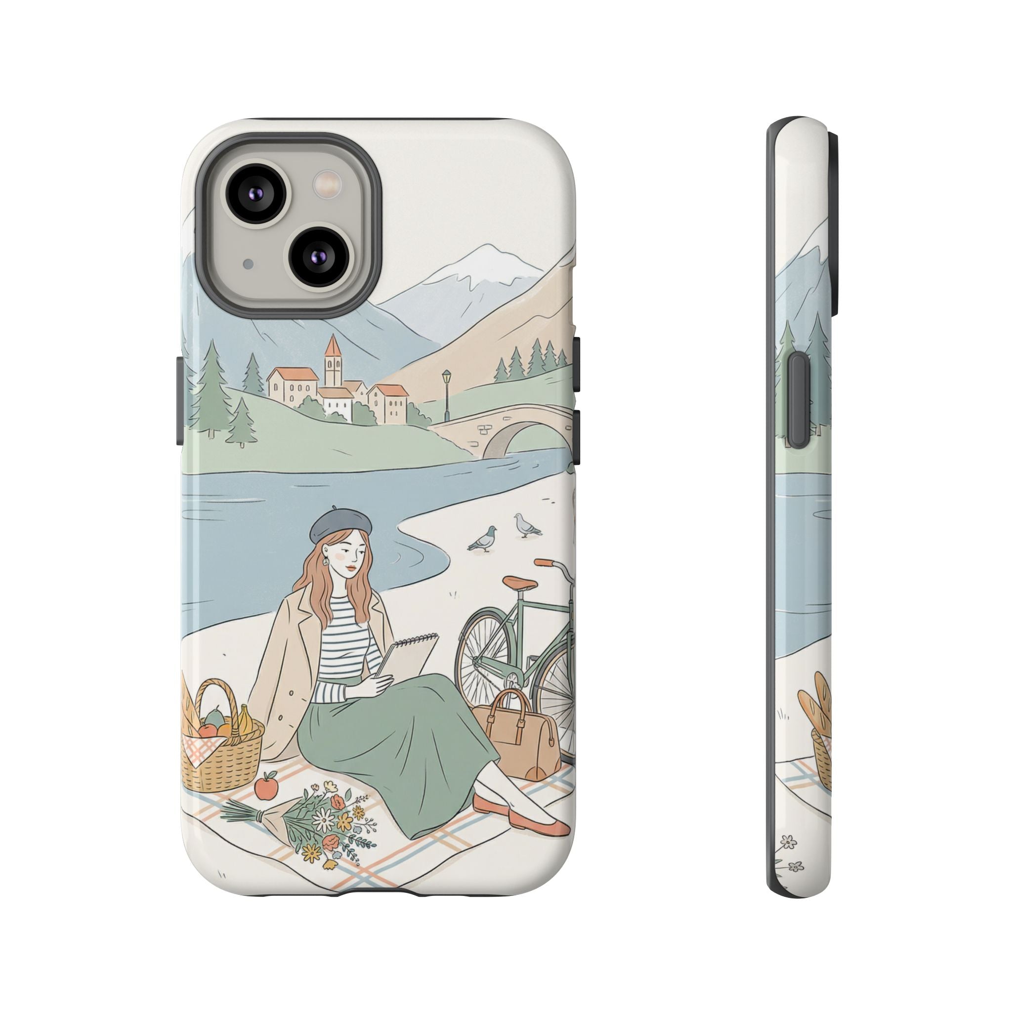 Scenic Picnic iPhone Case | Vintage Bicycle & Mountain Illustration