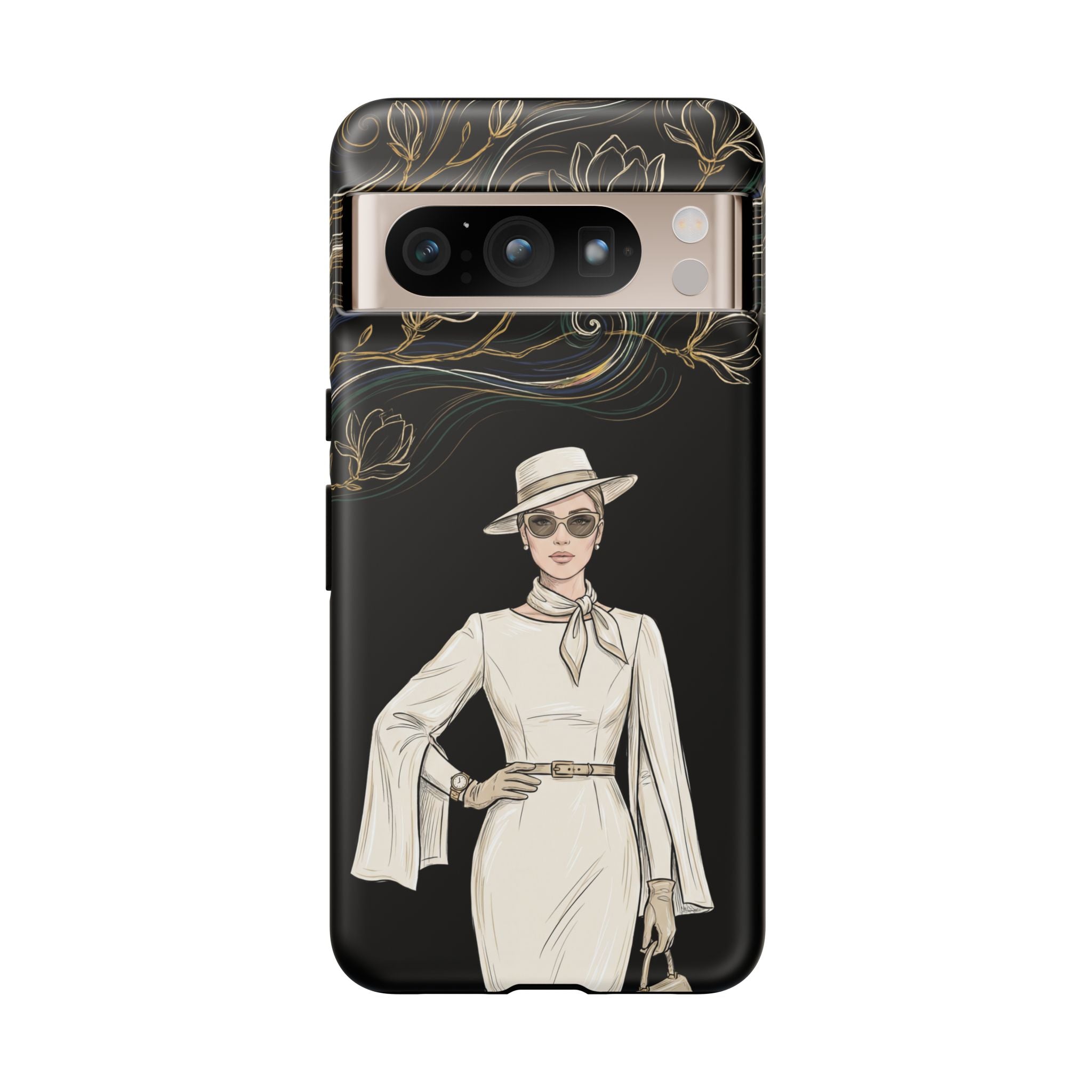Google Pixel Phone Case | Elegant Vintage Lady with Gold Floral Swirls